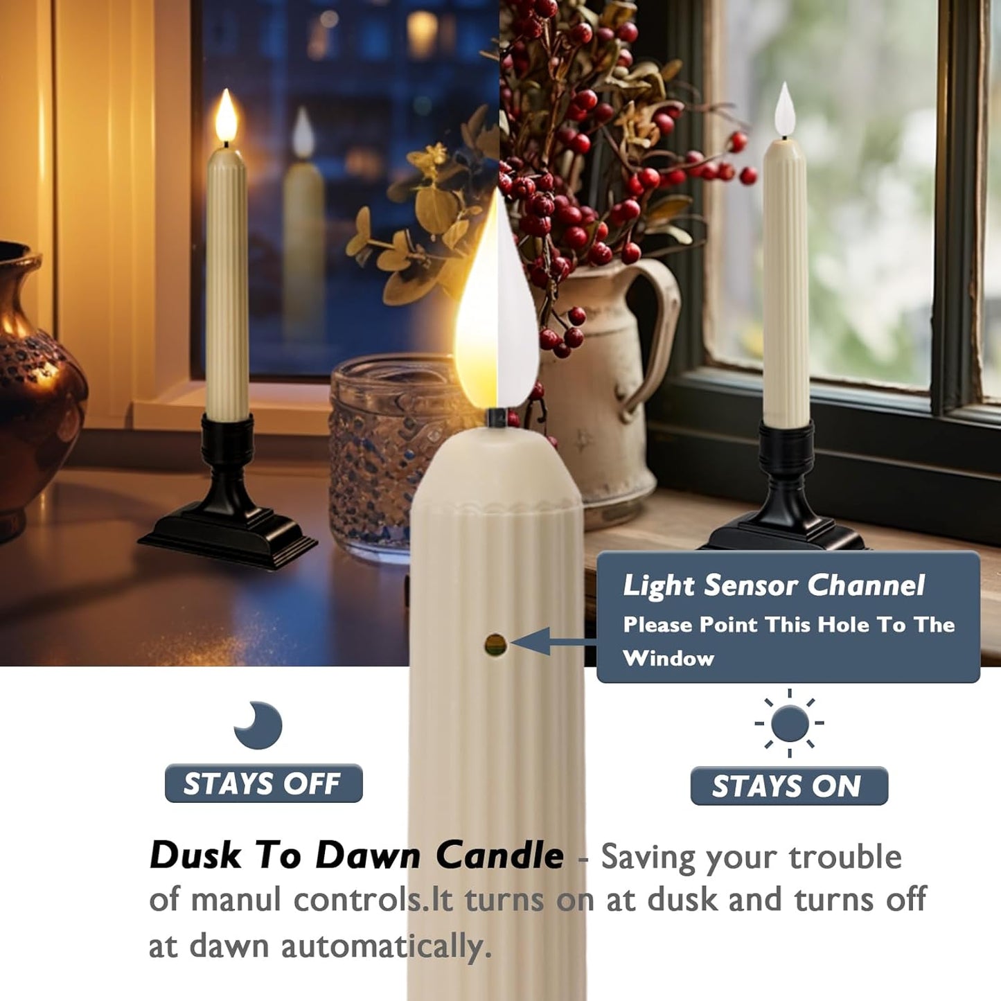Homemory 6 Pcs Window Candles with Sensor Dusk to Dawn, Ivory Electric Window Candle Flickering, Christmas Fake Candles Battery Operated, Led Candlesticks with Black Holders for Xmas Holiday Decor