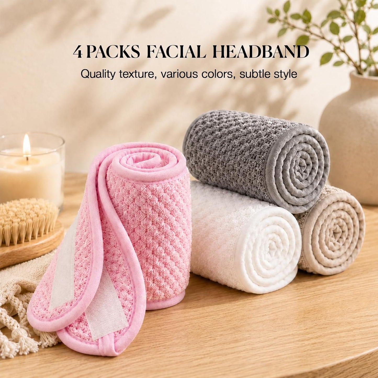 4PCS Extra Long Spa Headband for Women Adjustable Terry Cloth Skincare Headband Stretch Towel Head Wrap for Bath, Makeup Facial Mask（White+Grey+Khaki+Pink）