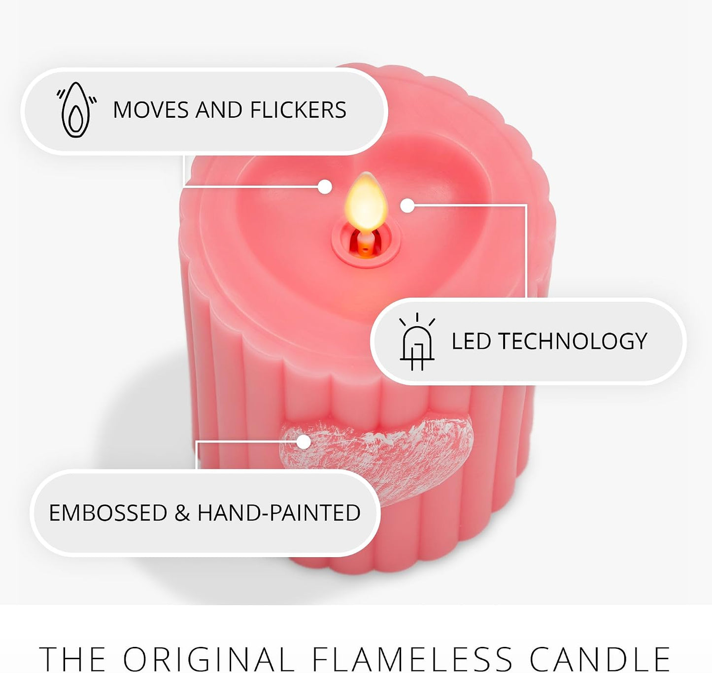 Luminara Flickering Flameless 3.7" x 4.5" Pillar Candle, Battery Operated Remote Ready (Sold Separately) & Timer Function, LED Light, Ribbed Real Pink Wax w/Embossed Heart Design for Valentine's Day