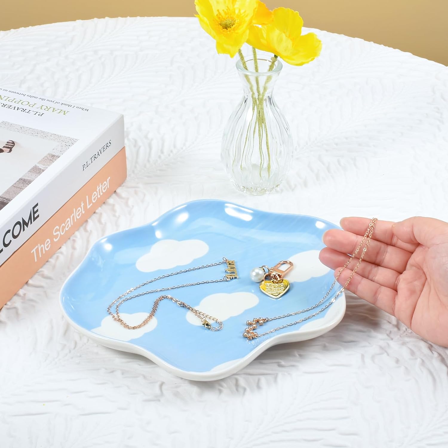 Koythin Jewelry Tray, Ceramic Jewelry Dish Trinket Tray Organizer, Clouds Aesthetic Decorative for Kitchen, Bathroom (Blue Sky and White Clouds)