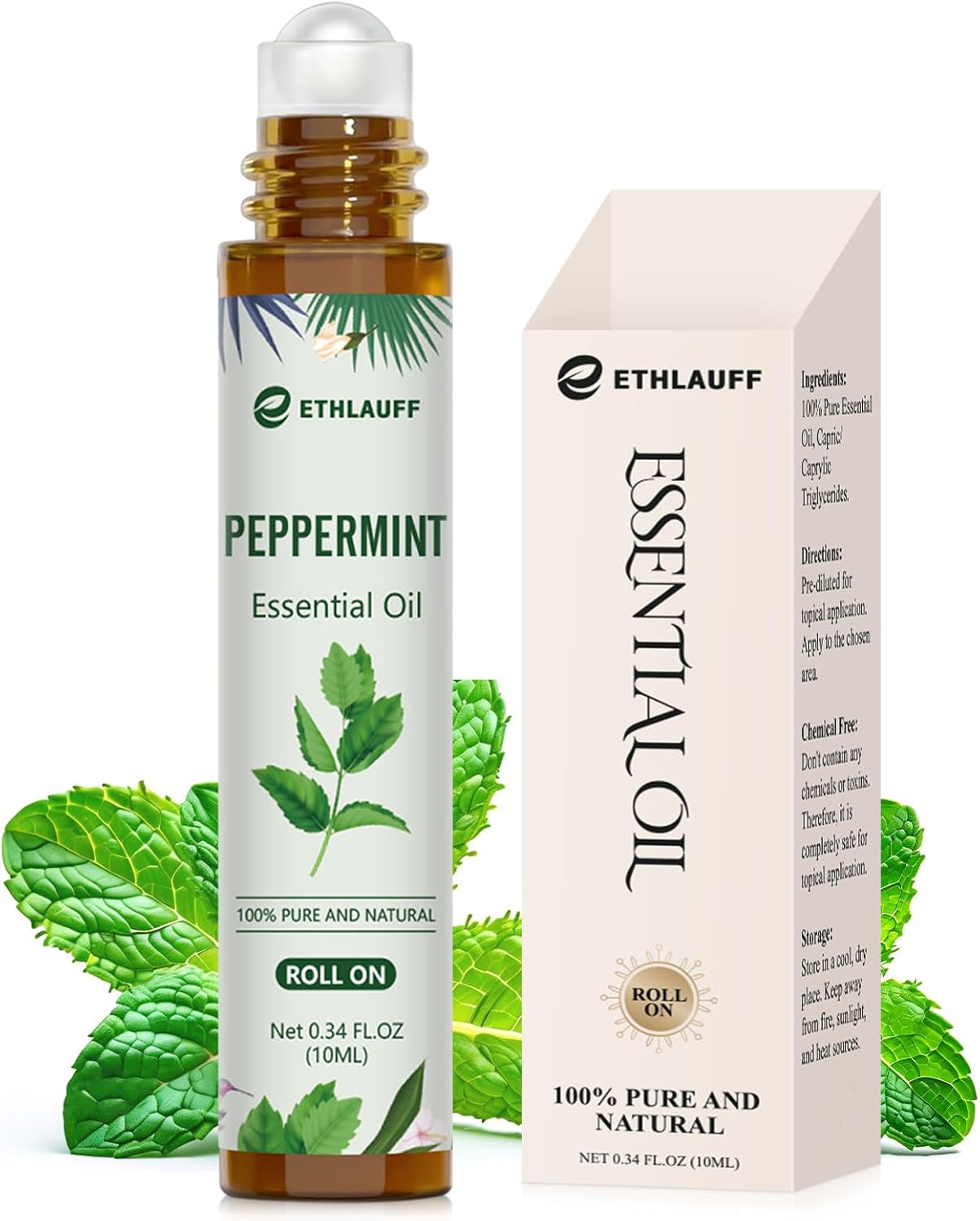 Peppermint Essential Oil Roll On, Natural Aromatherapy Oil Blend Roller with Fresh Minty Aroma - Headache, Stress Relief, Self Care Gifts for Women