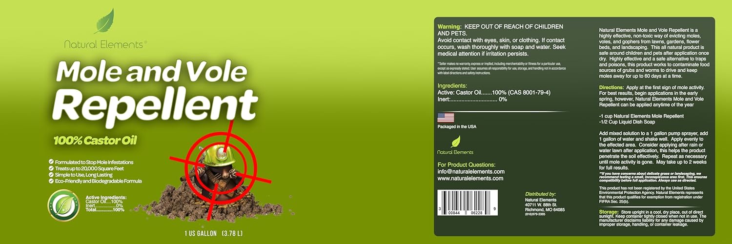 Natural Elements Mole and Vole Repellent – 100% Castor Oil Formula – Lawn and Yard Treatment – Covers Large Areas – 128 oz (1 Gallon)