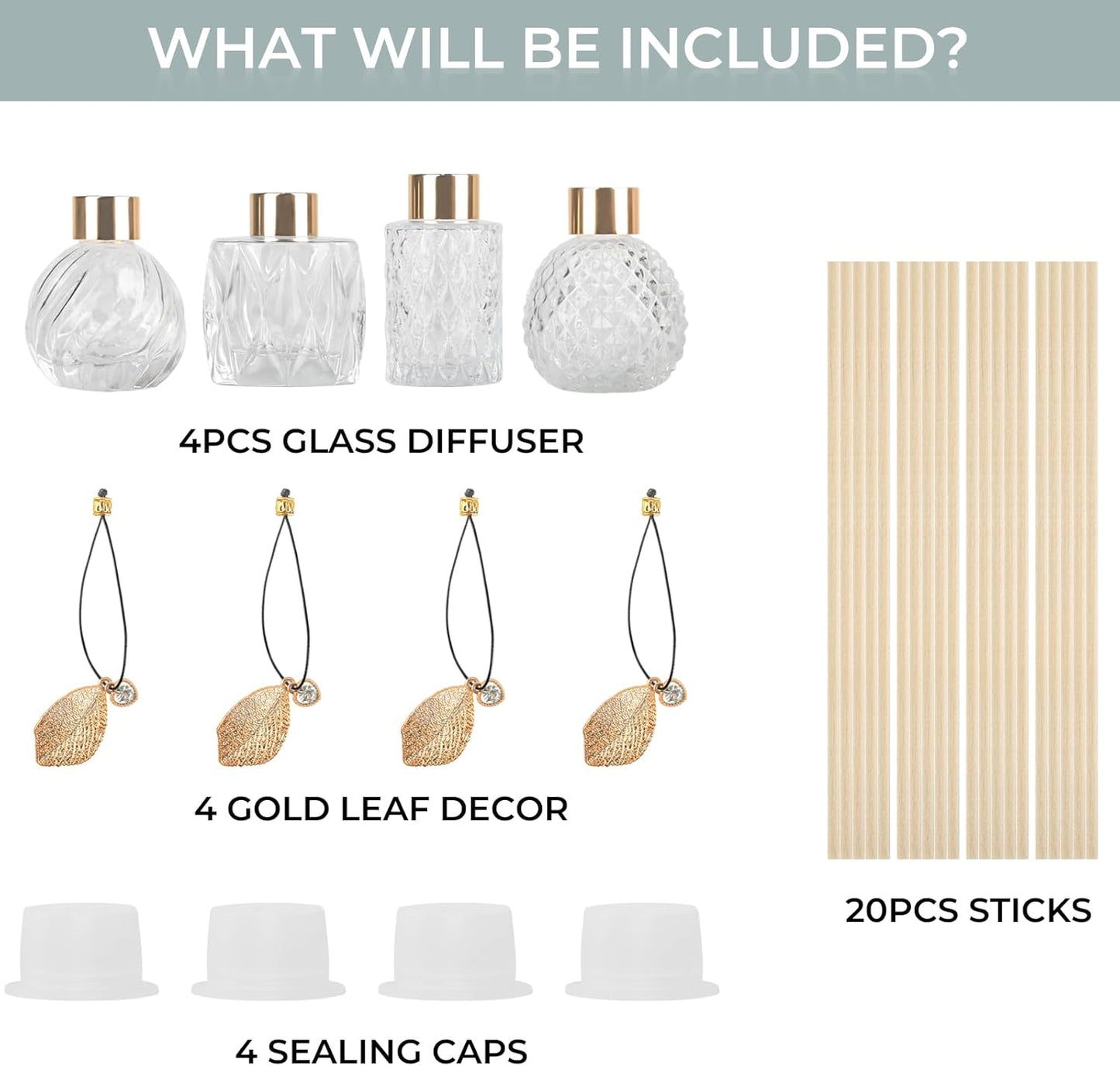 4-Piece Reed Diffuser Set with Metal Golden Decoration, 3.5-4.2oz Empty Bottles and 20 Reed Sticks, Unique Design for Home and Office (4 Different Bottles)