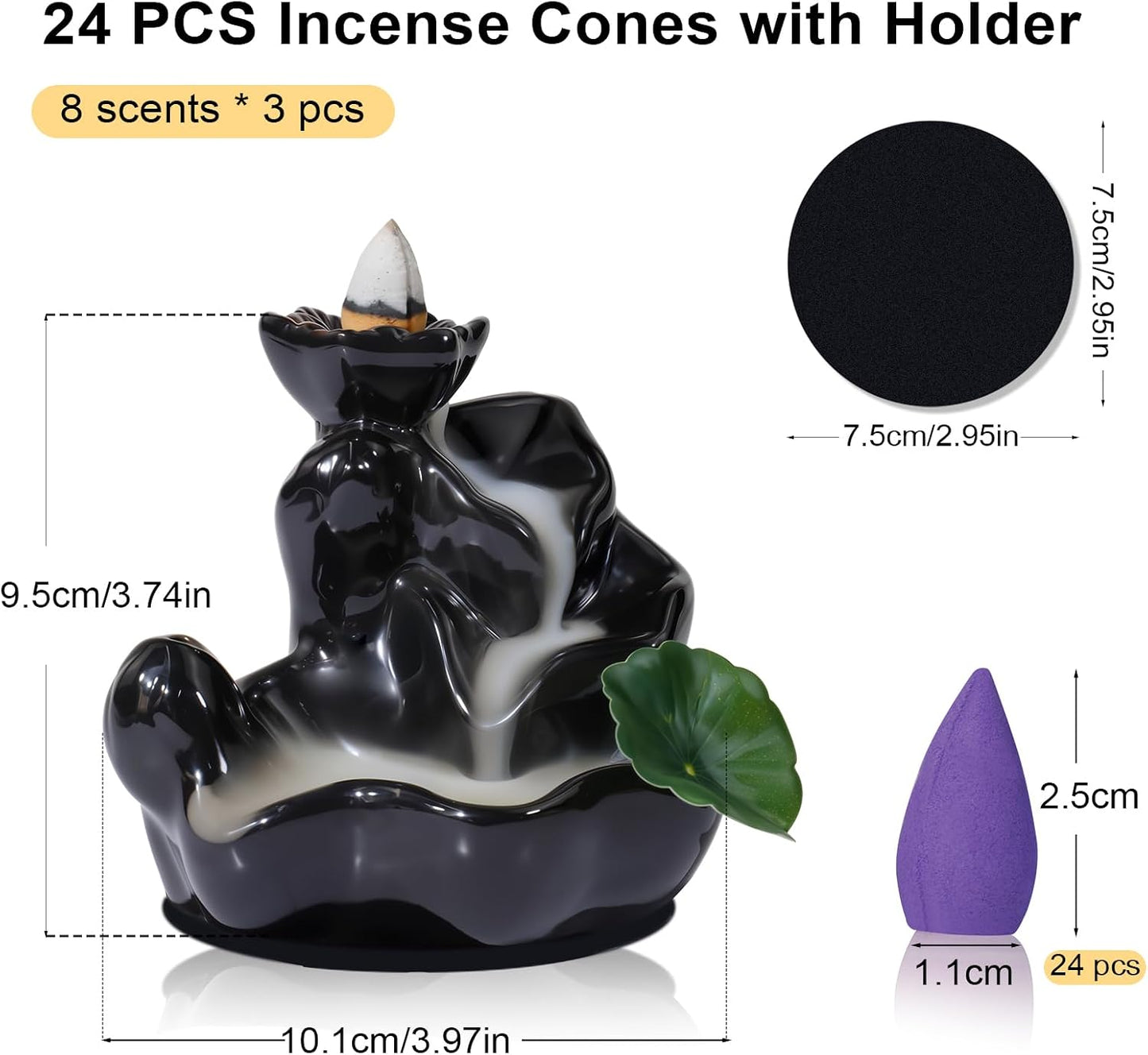 STRN Backflow Incense Cones with Burner for Waterfall, 8 Scented Incense Cone 24 PCS, Sandalwood, Agarwood, Jasmine, Lavender, Backflow Smoke Burning Cone Incense Bulks for Home Fragrance, Bathroom