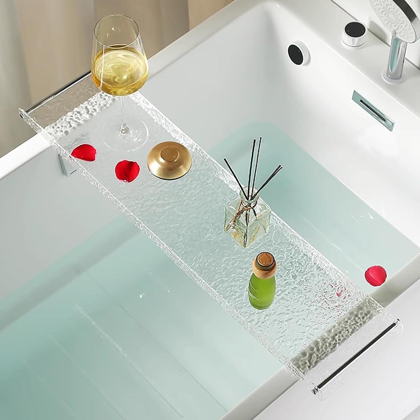Acrylic Bathtub Tray Caddy with Metal Handles,Clear Bathtub Tray Caddy Tub Shelf,spa Board Luxury Bathroom Bath Tub Table