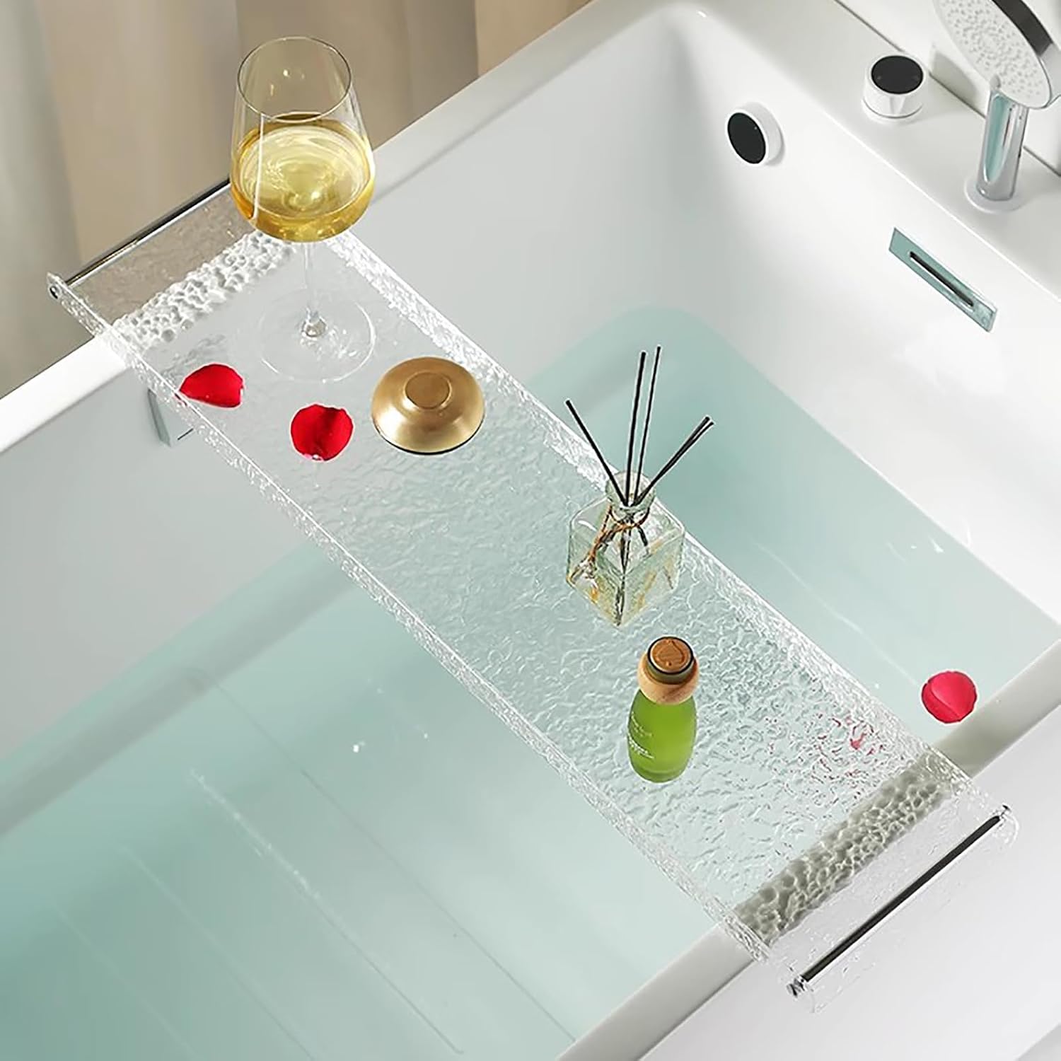 Acrylic Bathtub Tray Caddy with Metal Handles,Clear Bathtub Tray Caddy Tub Shelf,spa Board Luxury Bathroom Bath Tub Table