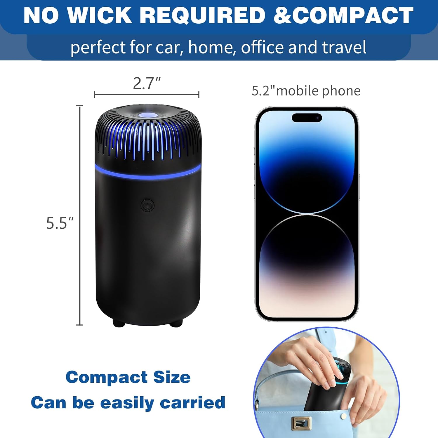 Car Humidifier Aromatherapy Essential Oil Diffuser USB Mist Mini Portable for Home Office Bedroom, 100ML, Black