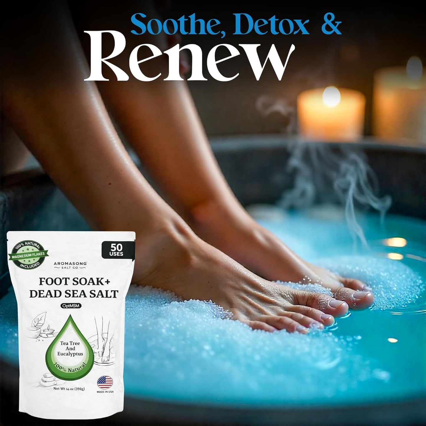 Aromasong Tea Tree Foot Soak with Dead Sea Salt & Magnesium Flakes – Refreshing Foot Bath Salts for Relaxation, Odor Control & Soft Skin (Packaging May Vary)