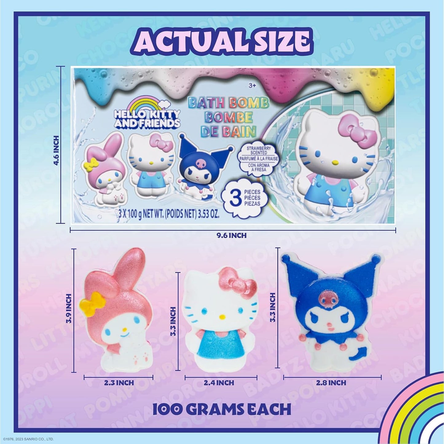 Hello Kitty and Friends Bath Bombs for Kids, Fun Bright Rainbow Colors, Berry Scented for Kids, Ages 3+, by Townley Girl