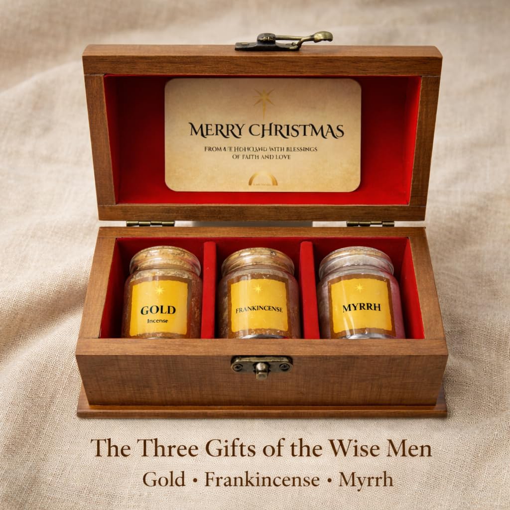 Three Kings Gifts - Gold,Frankincense and Myrrh Gift Set from Holy Land - Nativity Keepsake Set - Christian Faith Worship Display Box & Scripture Card