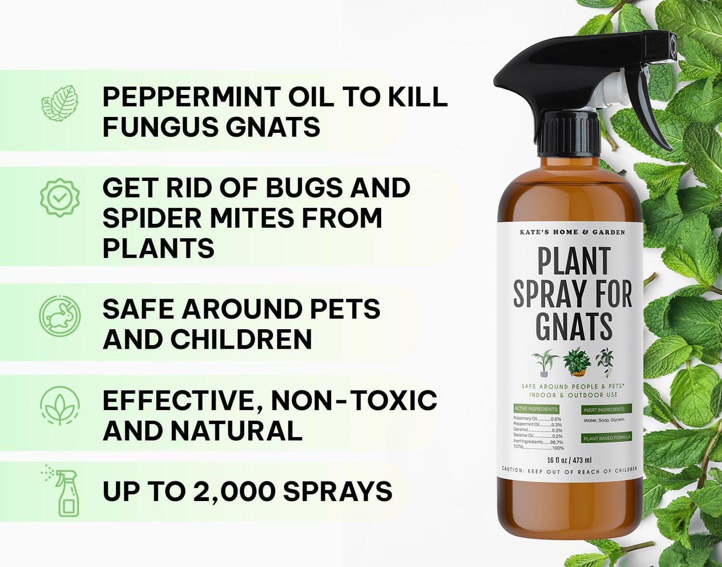 Kate's Home & Garden Plant Spray for Insects & Getting Rid of Gnats with 12 Sticky Traps. Fungus Gnat Killer & Bug Spray for Indoor Plants (16oz, Peppermint, Pet Safe, Non Toxic)