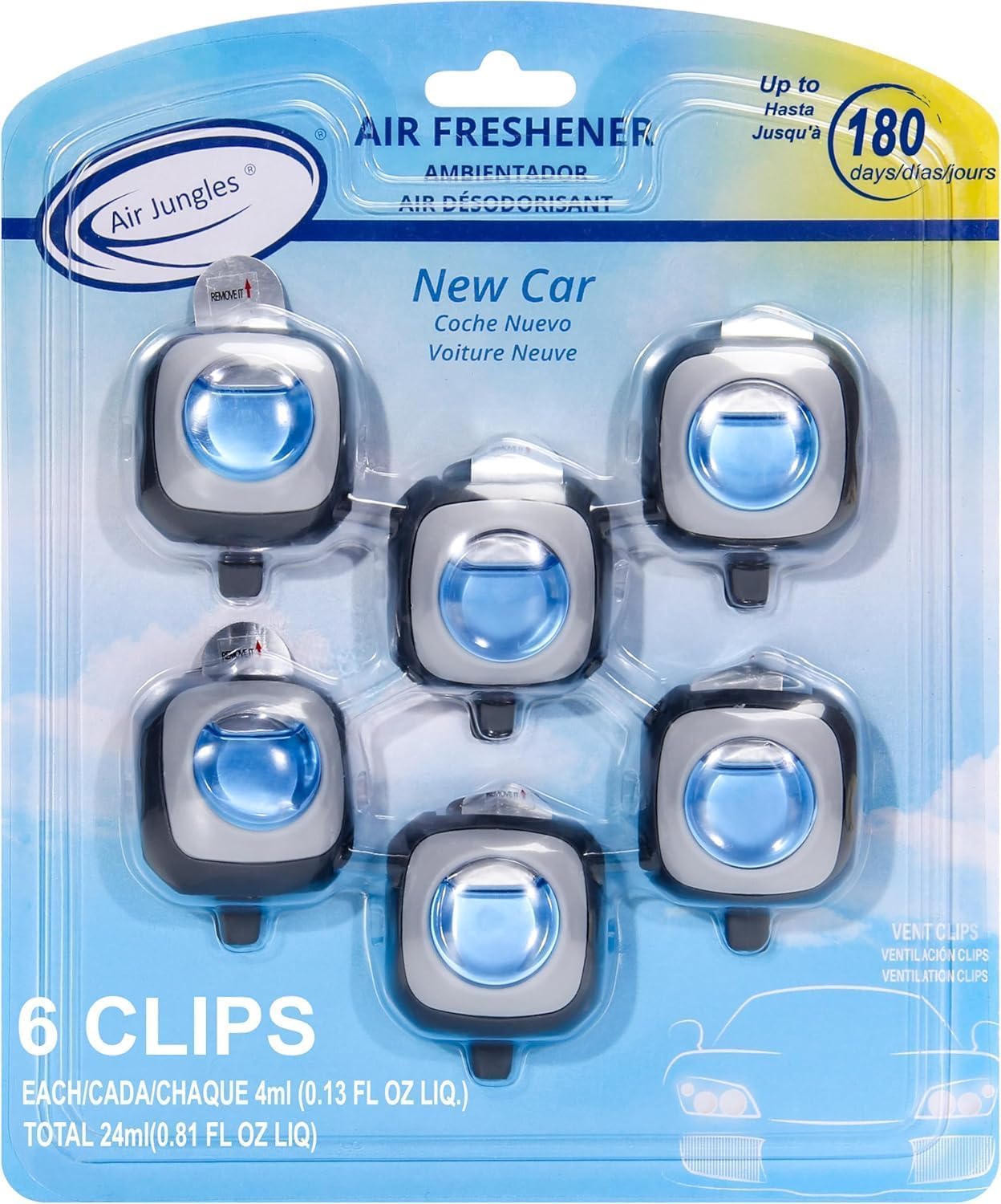 Air Jungles New Car Scent Car Air Freshener Vent Clip, 6 Count Long Lasting Up to 180 days, Natural Essential Oil Car Fragrance Accessories for Women and Men, Odor Eliminator - 4ml Each