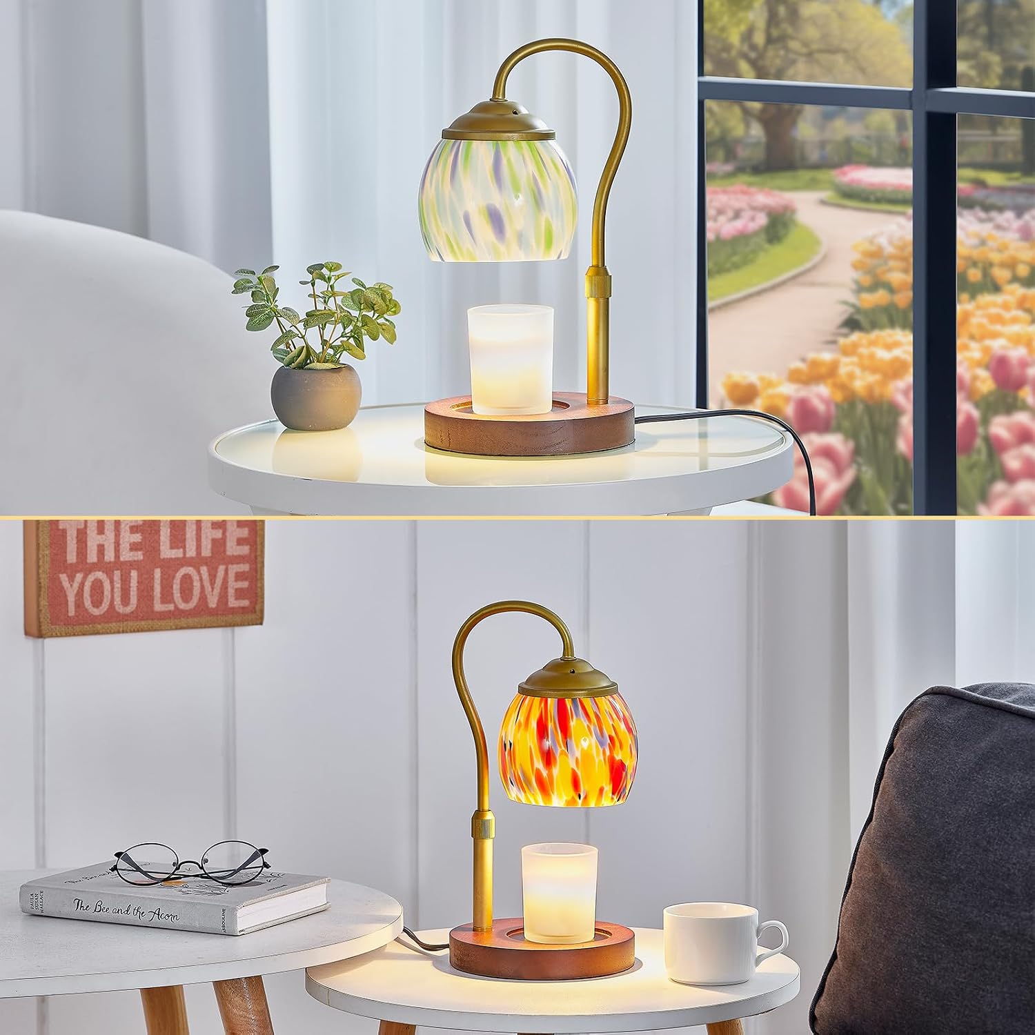 Dragonfly Tiffany-Style Candle Warmer Lamp with 2 Bulbs - Handcrafted Stained Glass, Height-Adjustable Timer & 4 Dimmer Levels, No Assembly Required, Fits Jars up to 5"