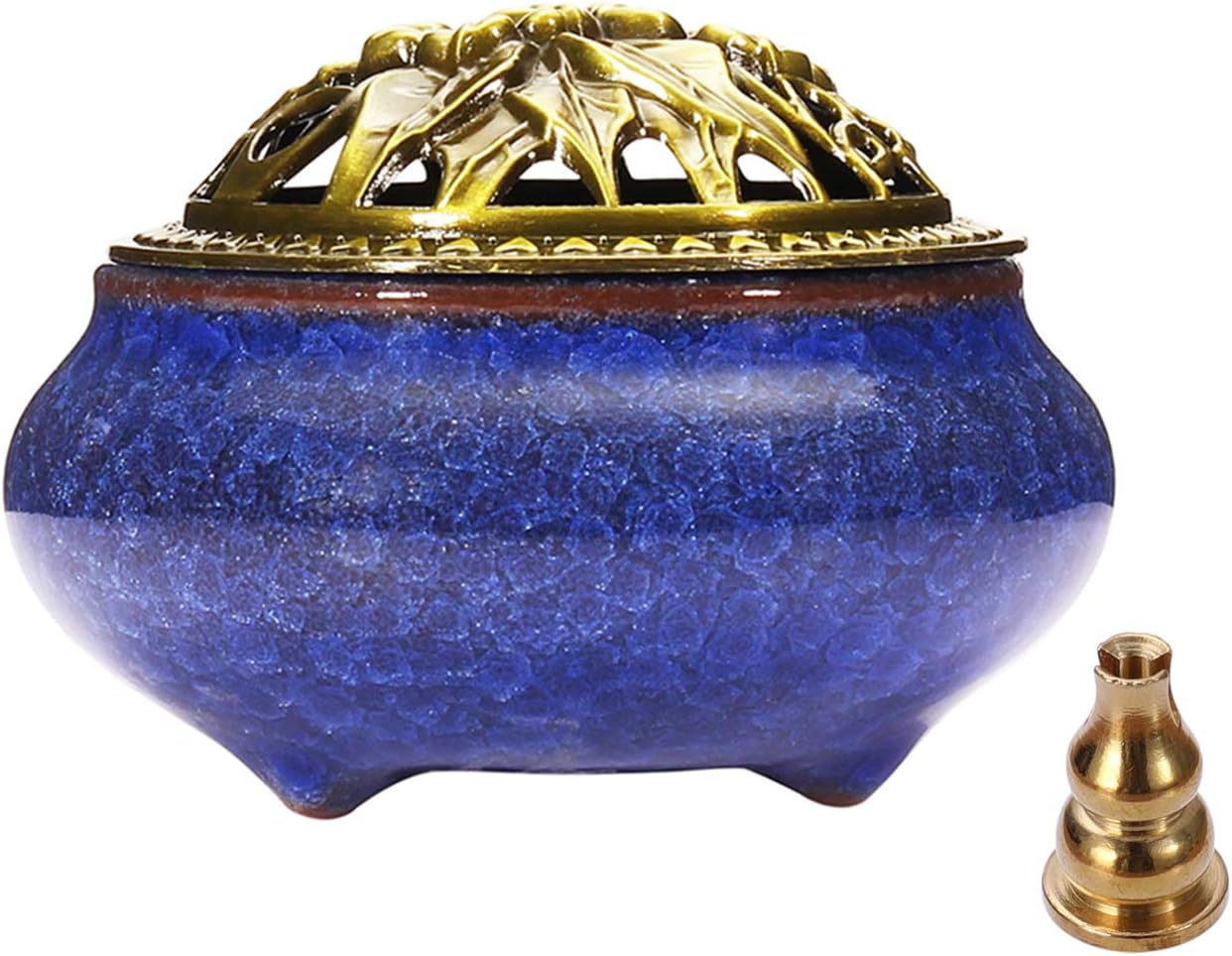 Miupoo Incense Burner and Cone Incense Holder with Brass Incense Stick Holder Ceramic Ash Catcher (Dark Blue)