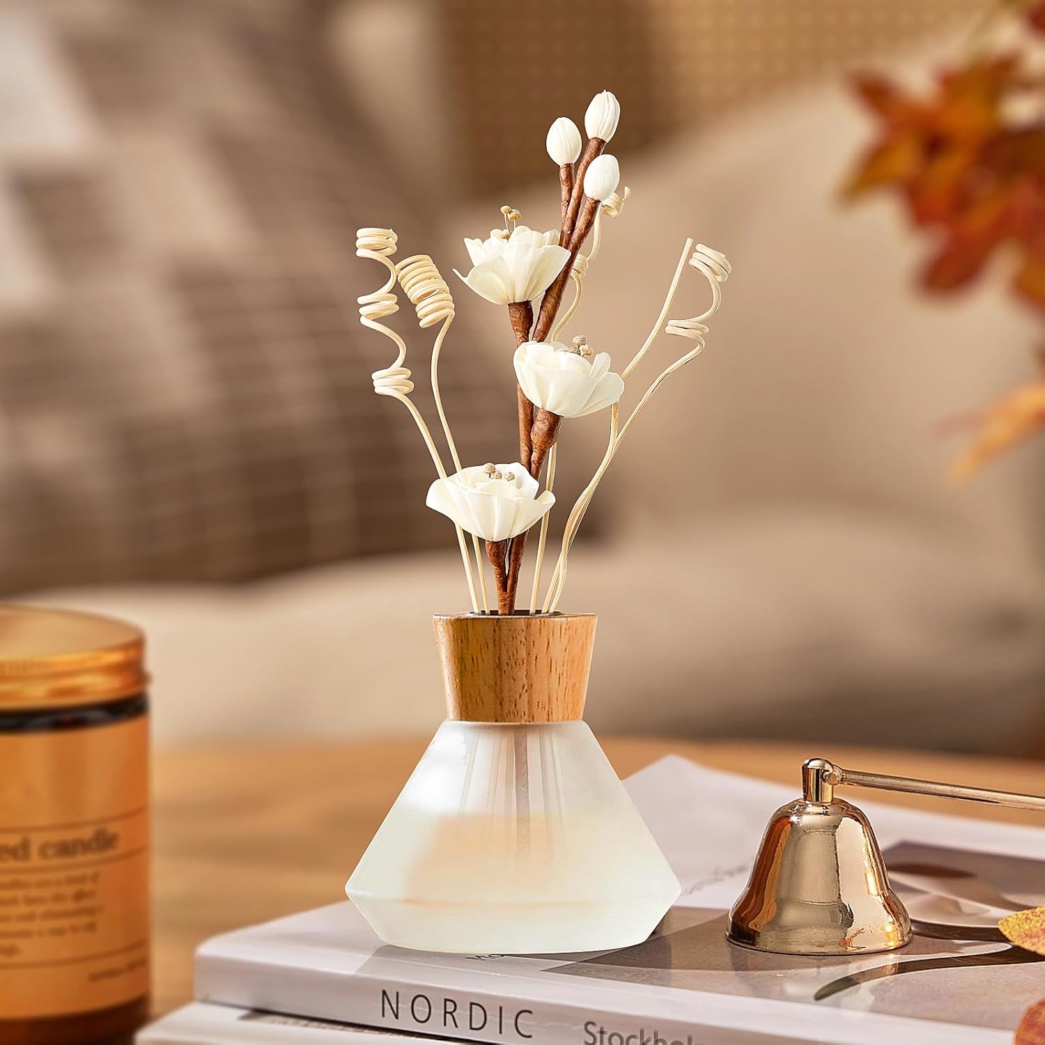 Reed Diffuser Sticks,Reed Diffuser Sticks Flowers,Reed Diffusers for Home,Bathroom Diffuser,Diffuser Set with Sticks,Natural Flower,White/Brown