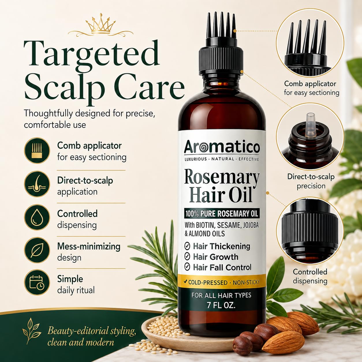 Aromatico 100% Pure Rosemary Oil for Hair Growth, Hair-fall Control & Hair Thickening. Enriched with Sesame, Jojoba & Almond Oils. Non-Sticky Texture. With Applicator Cap - 7 Fl Oz