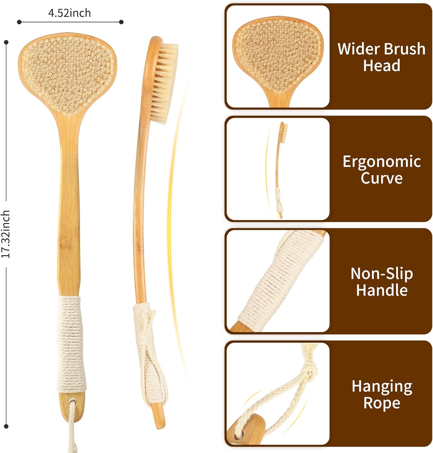 Long Handle Bath Brush-Back Scrubber for Shower, Exfoliating Body Brush with Bristles for Wet & Dry Brushing, Shower Brush for Men & Women