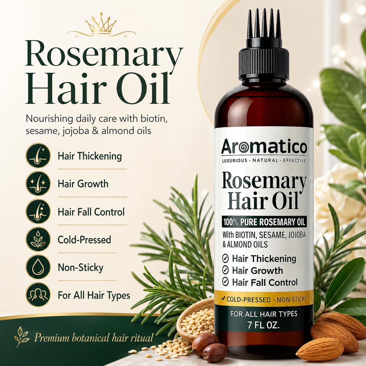 Aromatico 100% Pure Rosemary Oil for Hair Growth, Hair-fall Control & Hair Thickening. Enriched with Sesame, Jojoba & Almond Oils. Non-Sticky Texture. With Applicator Cap - 7 Fl Oz