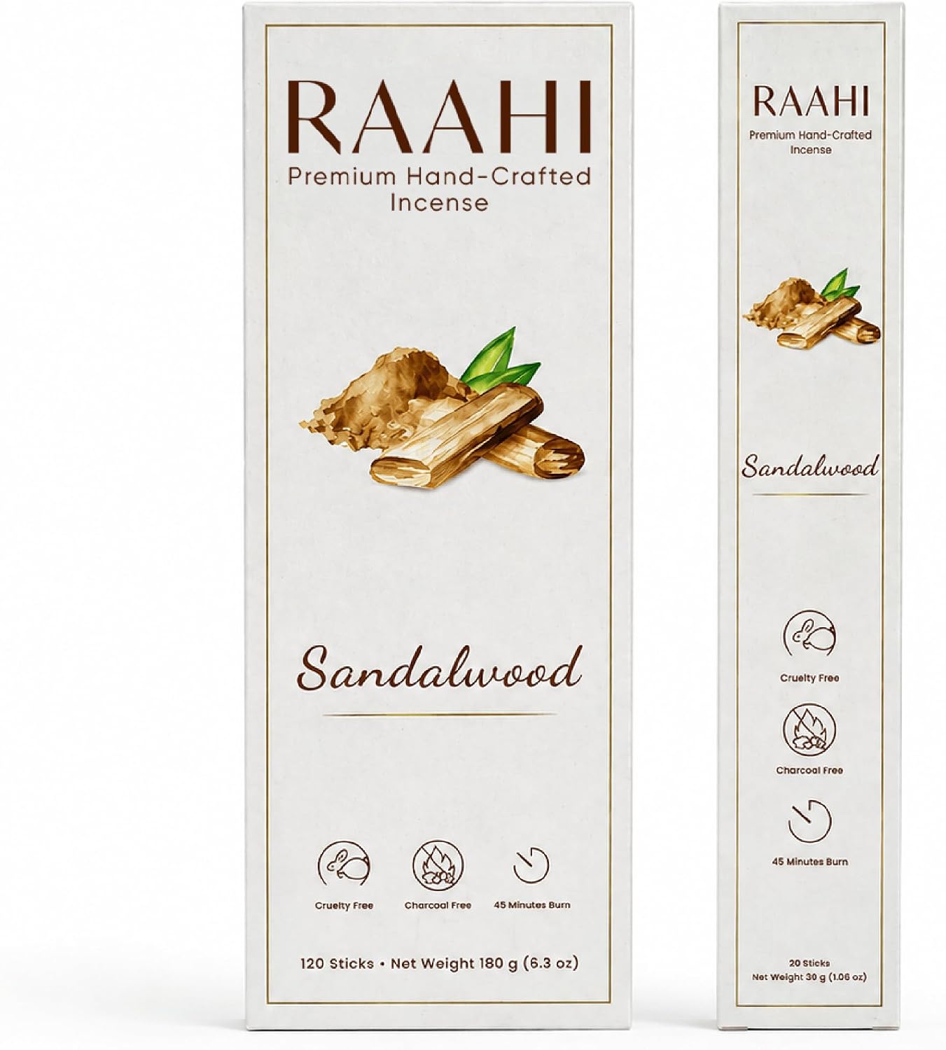 RAAHI Sandalwood Incense Sticks with Holder, 120 Count, Handcrafted Scented Incense for Home Fragrance, Meditation, Yoga and Room Ambiance