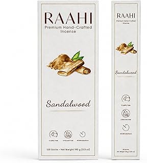 RAAHI Sandalwood Incense Sticks with Holder, 120 Count, Handcrafted Scented Incense for Home Fragrance, Meditation, Yoga and Room Ambiance
