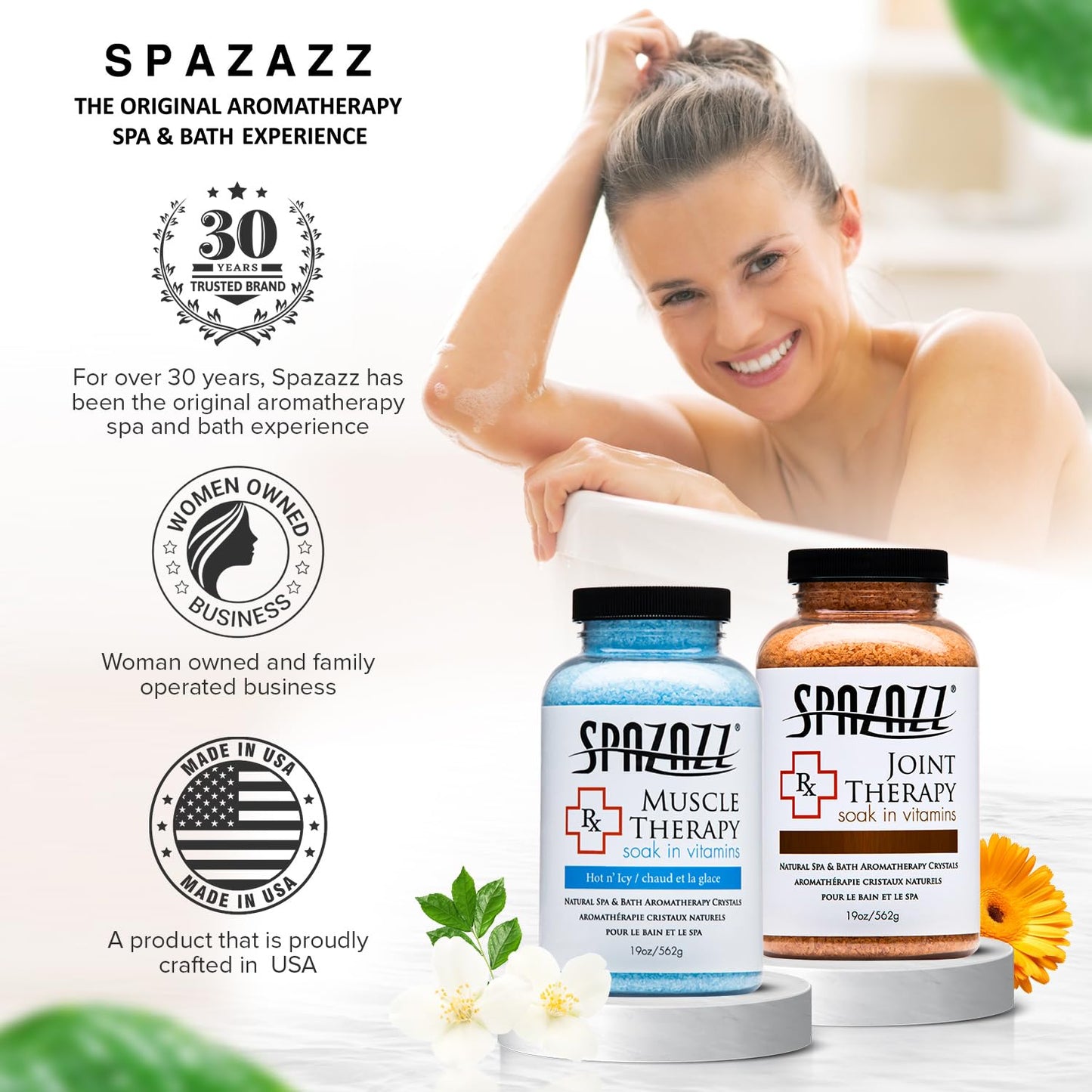 Spazazz Aromatherapy Spa and Bath Salts Crystals RX Therapy Collection 2 Pack Bundle- One 19 Oz Jar Each Spazazz Muscle Therapy and Joint Therapy- Dead Sea Bath Salt Crystals