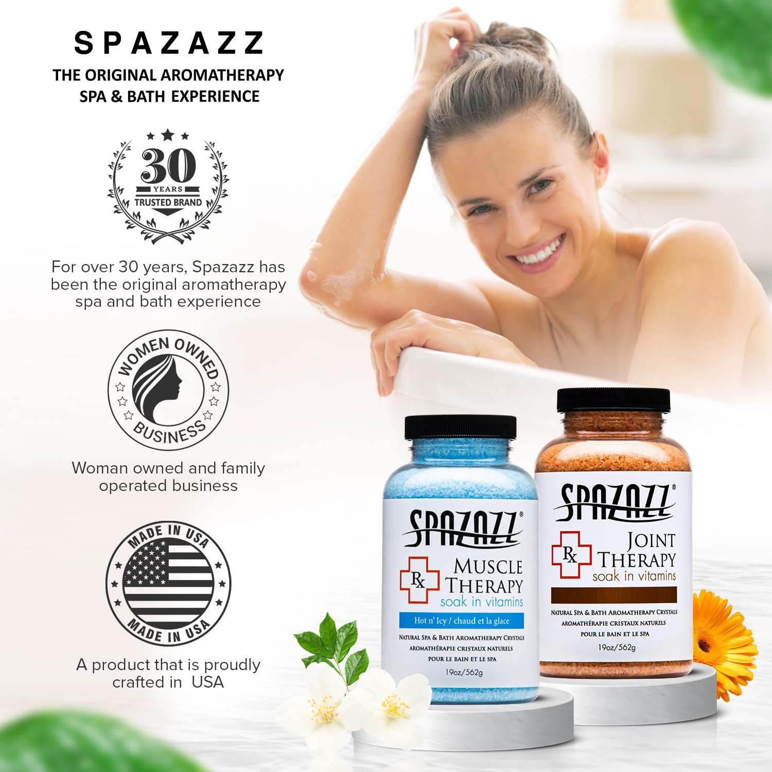 Spazazz Aromatherapy Spa and Bath Salts Crystals RX Therapy Collection 2 Pack Bundle- One 19 Oz Jar Each Spazazz Muscle Therapy and Joint Therapy- Dead Sea Bath Salt Crystals