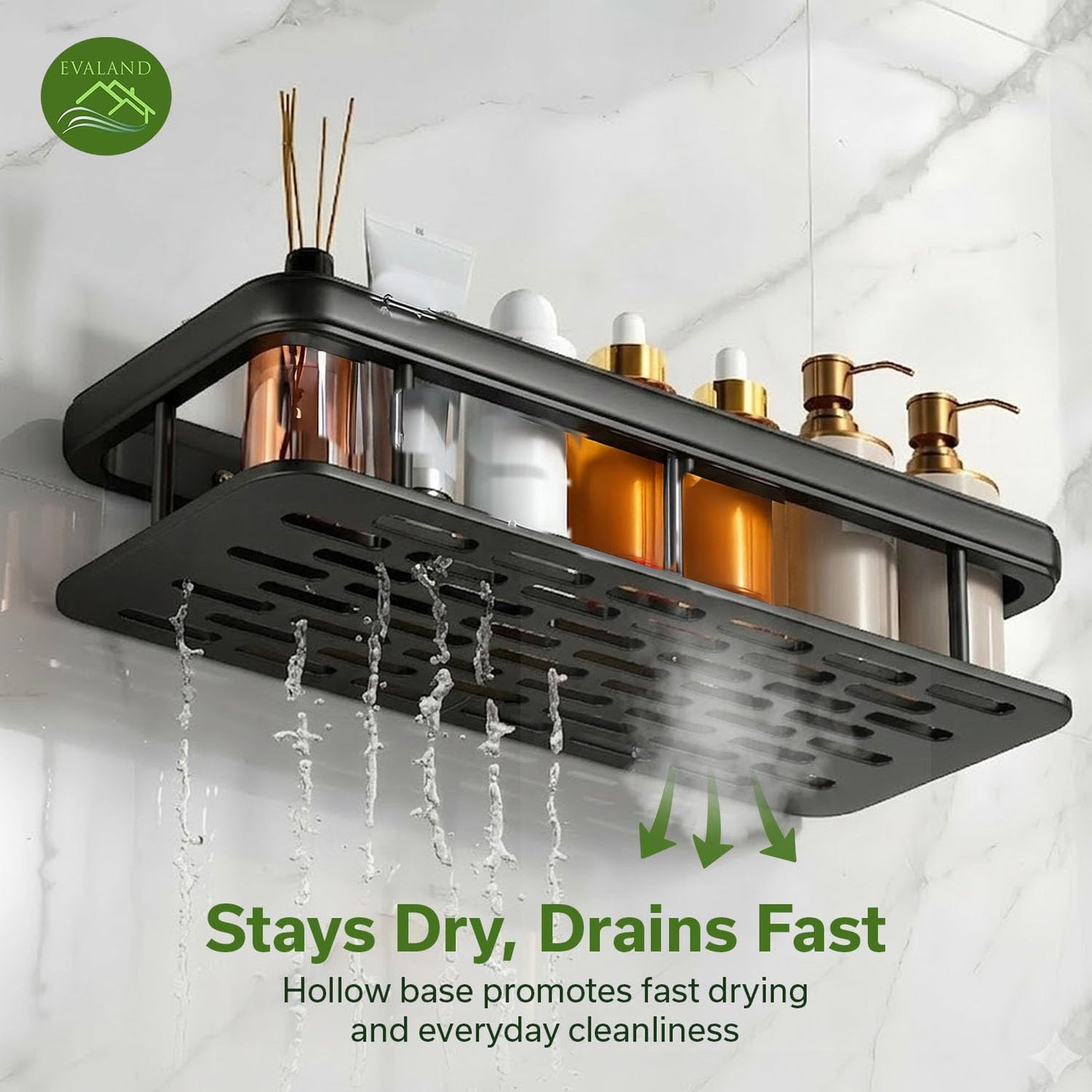 EVALAND Shower Caddy Adhesive 2-Pack with Hooks and Rod for Towels, Black – Premium Bathroom Shower Shelves, Shampoo Organizer, Bathtub Shelf, Rustproof, Easy Installation, Sturdy Modern Look