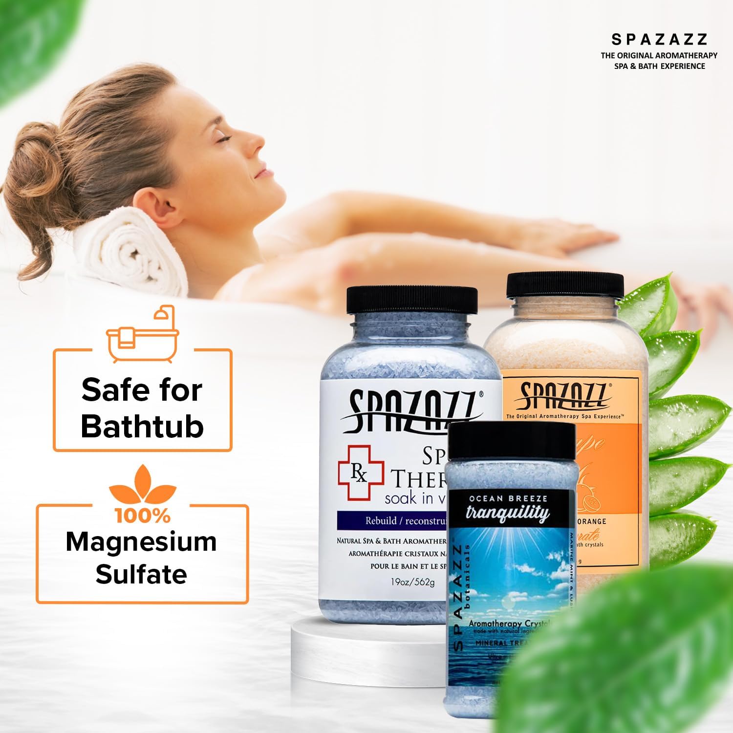 Spazazz Hot Tub Aromatherapy Crystals Bundle – 3 Pack Magnesium Bath Salt | Magnesium Aromatherapy Bath Salts; 22oz Escape Grapefruit Orange, 17oz Ocean Breeze Botanicals, 19oz RX Sport Therapy