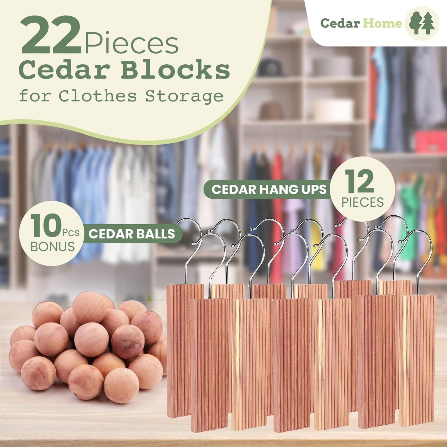 Cedar Hyde Cedar Blocks for Clothes Storage | Cedar Hang Ups & Cedar Balls | Dresser Drawer Freshener Odor Eliminator | 22 Pieces, 12 Cedar Hang Ups & Bonus 10 Cedar Balls | U.S.A Seller
