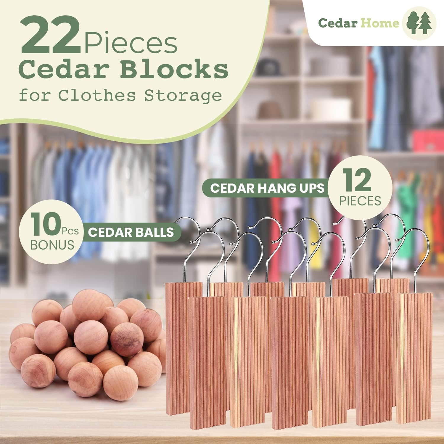 Cedar Hyde Cedar Blocks for Clothes Storage | Cedar Hang Ups & Cedar Balls | Dresser Drawer Freshener Odor Eliminator | 22 Pieces, 12 Cedar Hang Ups & Bonus 10 Cedar Balls | U.S.A Seller