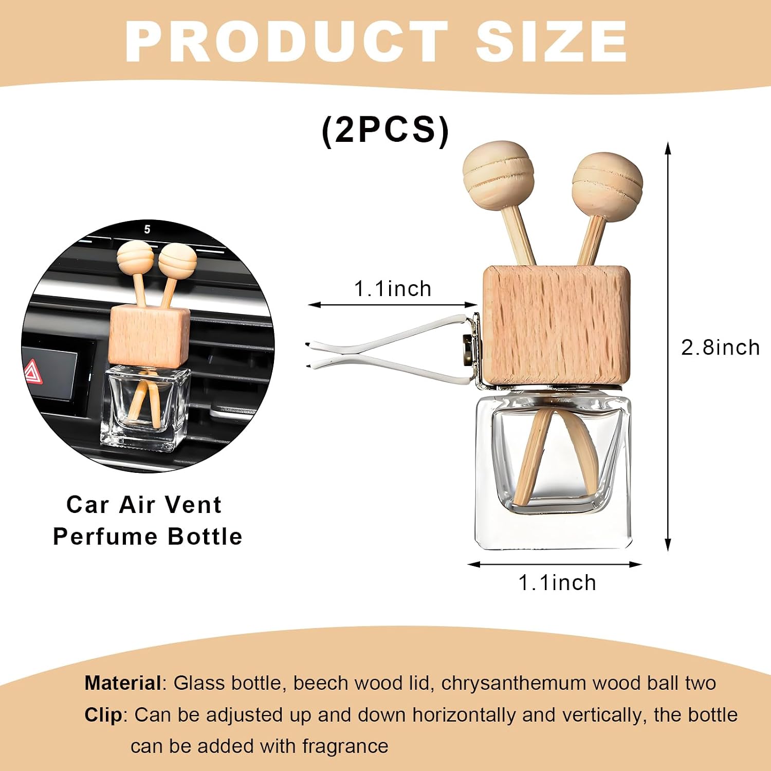 KVAEY 2PCS Car Diffuser Air Freshener Bottle, Refillable Empty Glass Perfume Bottles with Vent Clip, Universal Essential Oil Diffuser for Most Vehicles, Interior Car Accessories (2PCS)