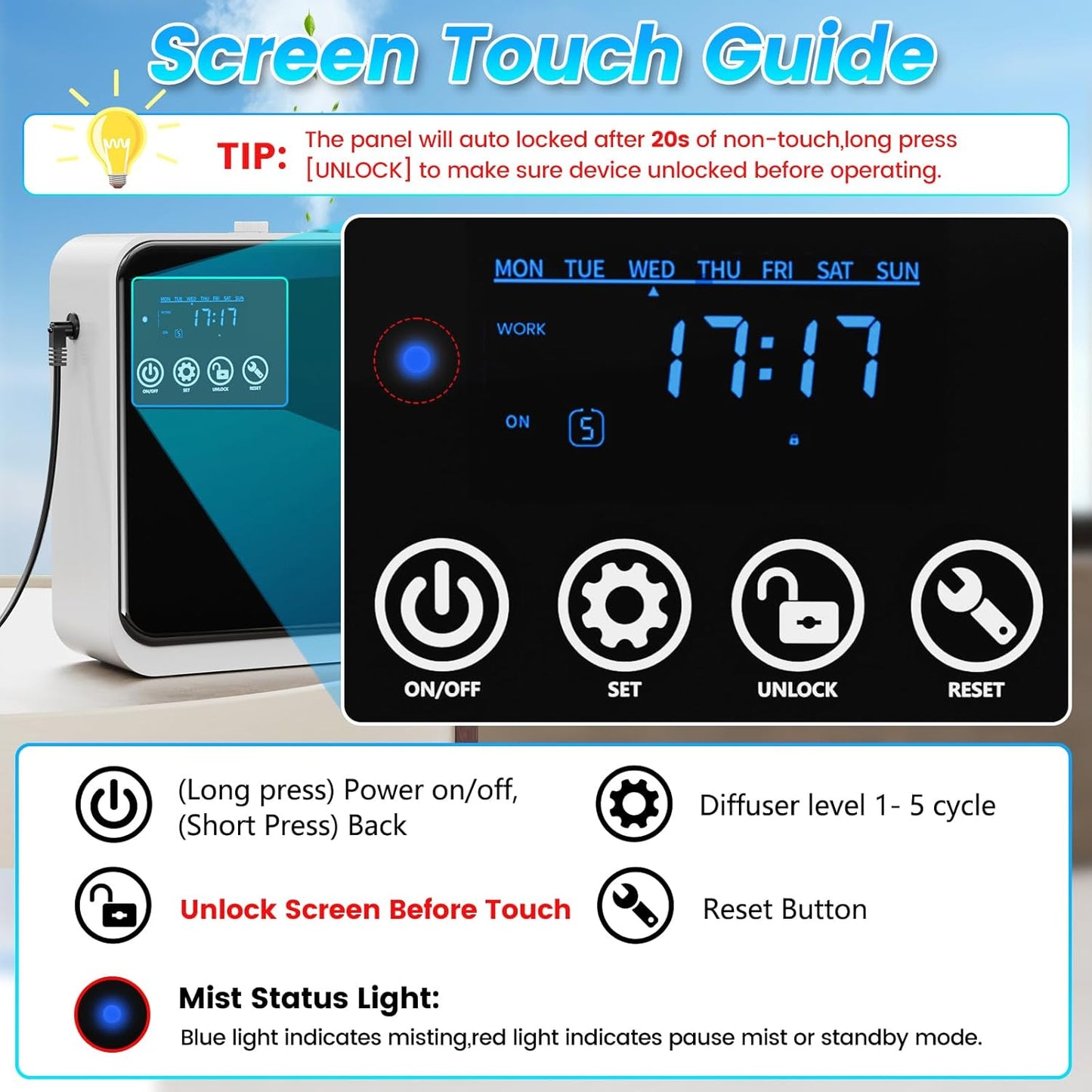 Waterless Essential Oil Diffuser,Home Hotel Aromatherapy Scent Diffuser,Whole House Oil Diffuser with APP Control & Touch Screen,1500 sq.ft Coverage,Adjustable Level & Auto Timer,Quiet,Father's Day