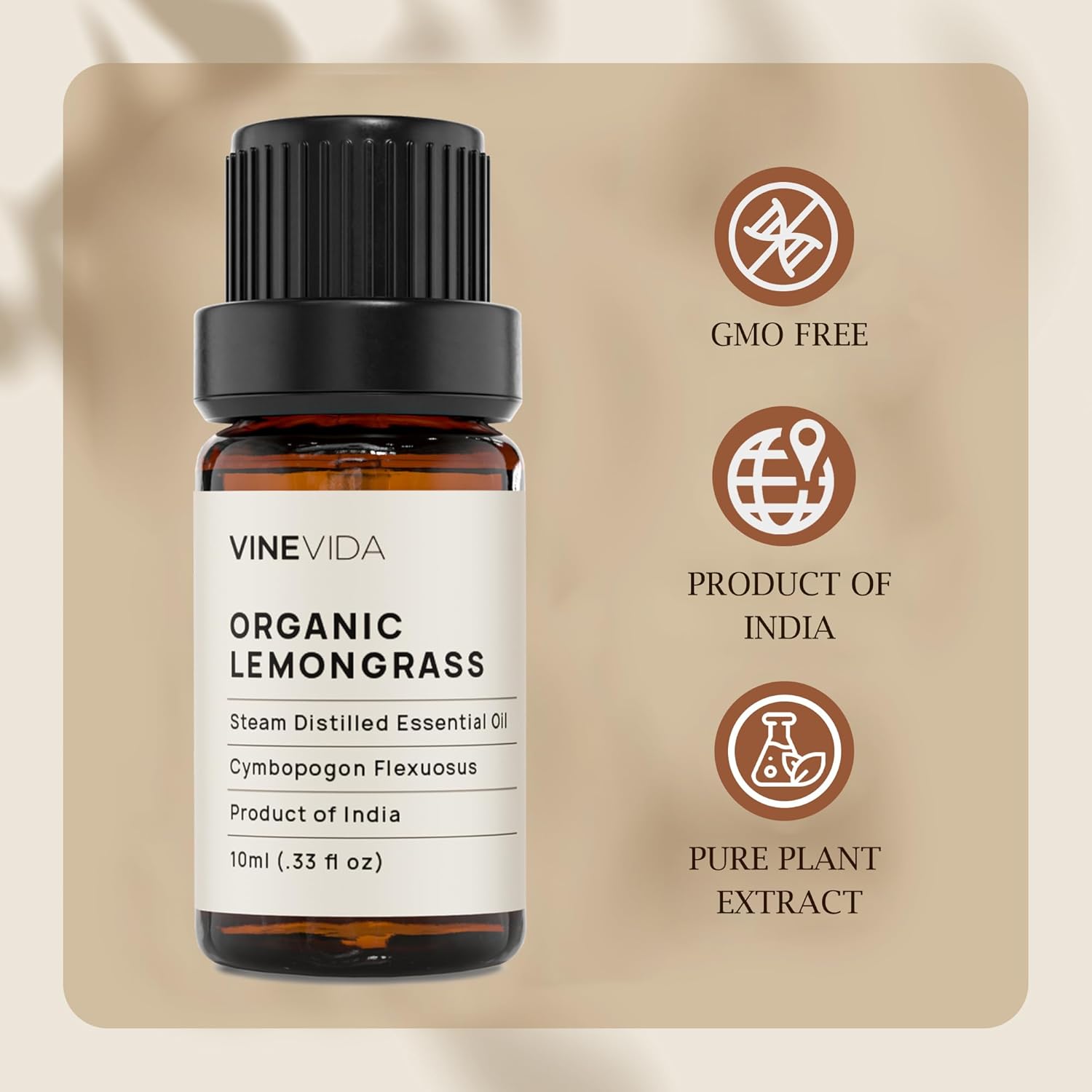 VINEVIDA Organic Lemongrass Essential Oil 10 mL - Undiluted, Pure, Vegan, Reusable Glass Bottle with Dropper
