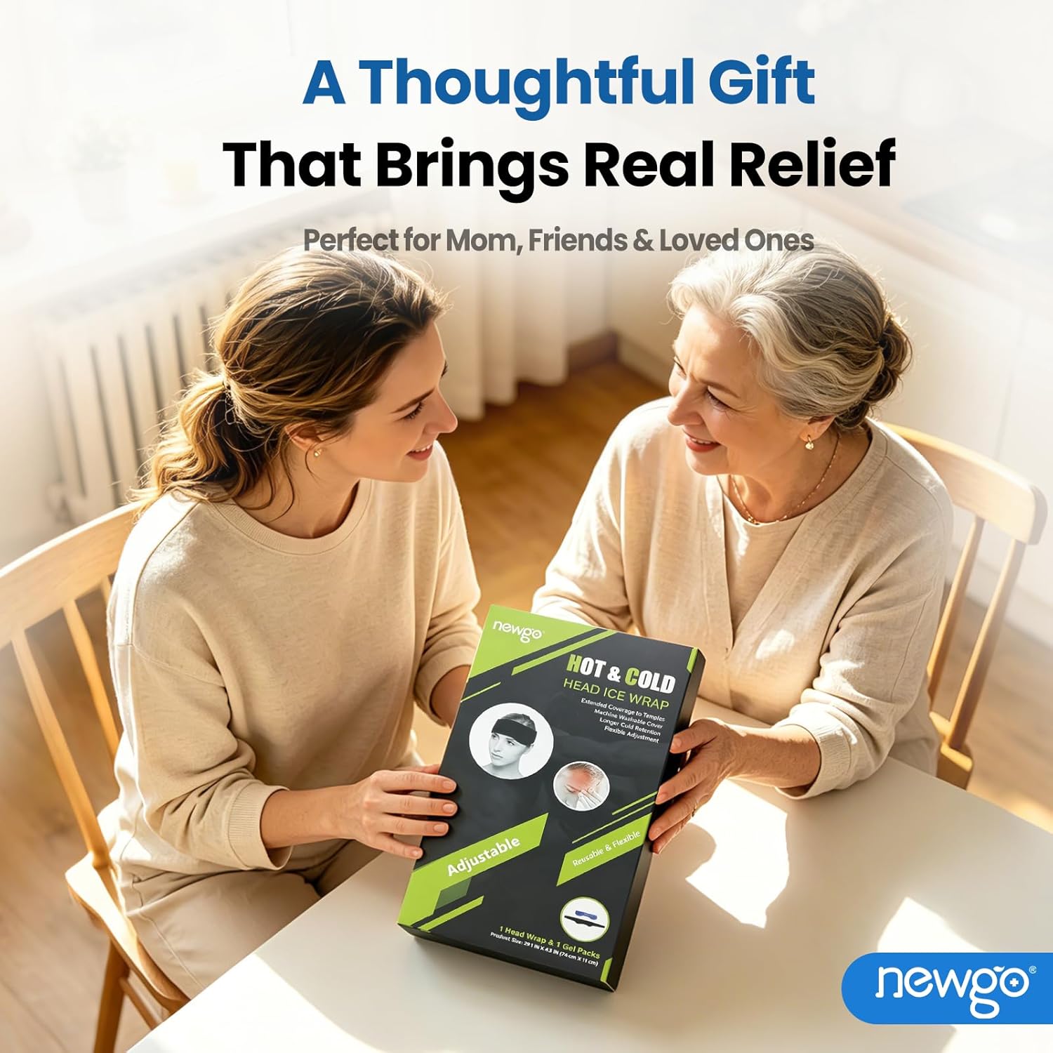 NEWGO Headache Ice Pack Head Wrap for Migraines, FSA Eligible, Cold Pack Head Ice Therapy Wrap for Headache Relief, Tension, Sinus Pain, Chemo, Head Injuries