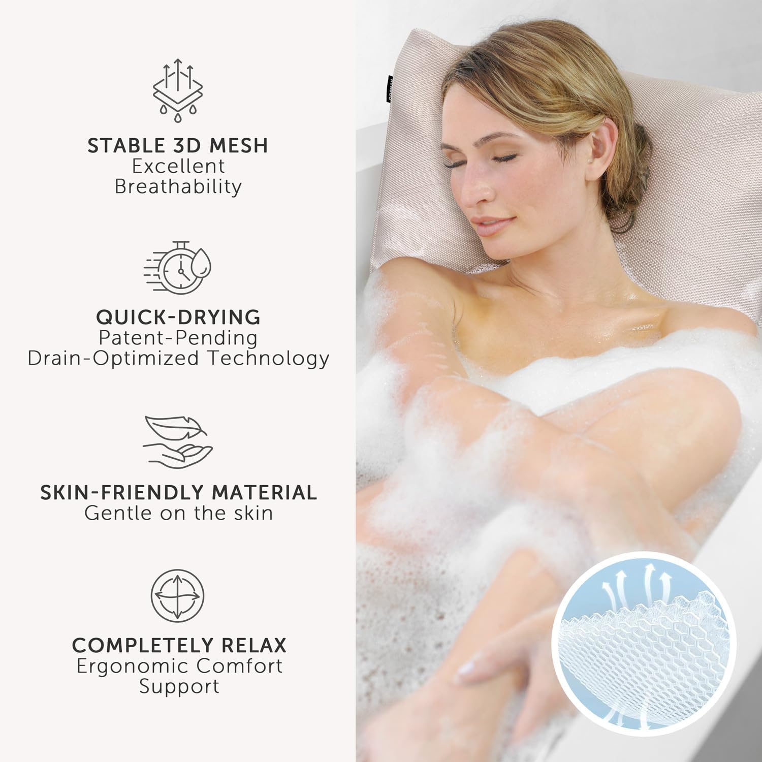 Bath Pillows for Tub Neck and Back Support,Bathtub Cushion backrest headrest Neck Pillow,tub Pillow for Bathtub,3D Mesh Core,Breathable,Quick-Drying,Ergonomic Comfort (Pearl