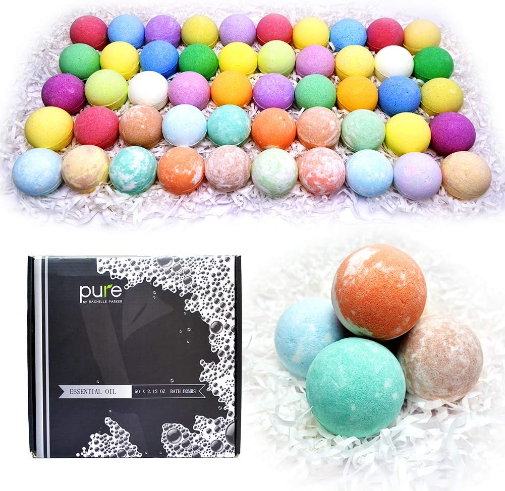 Pure Parker Natural Bath Bombs Bulk 50 Pack with Essential Oils - Moisturizing Gift Set for Women with Shea Butter - Individually Wrapped for Freshness