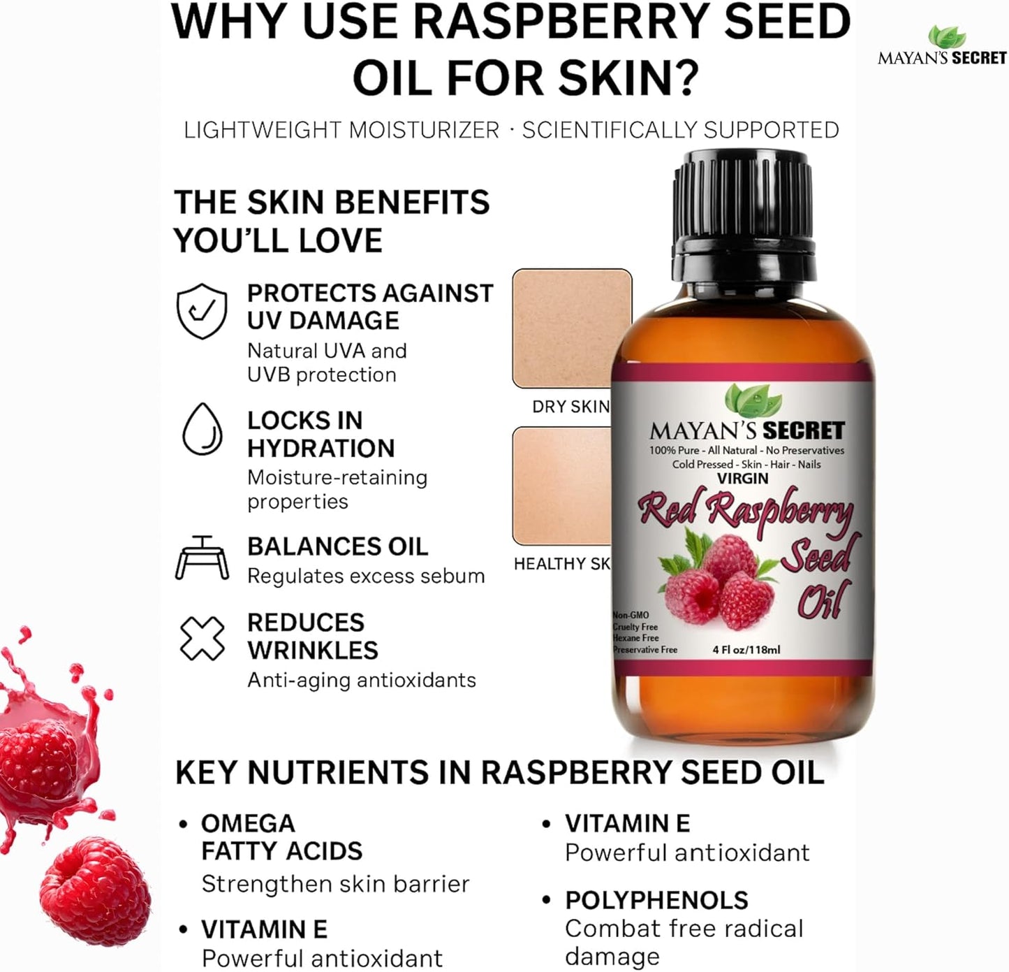 Red Raspberry Seed Oil Cold Pressed Unrefined Virgin Undiluted 100 Percent Pure Natural Face Skin Hair Body Moisturizing Oil