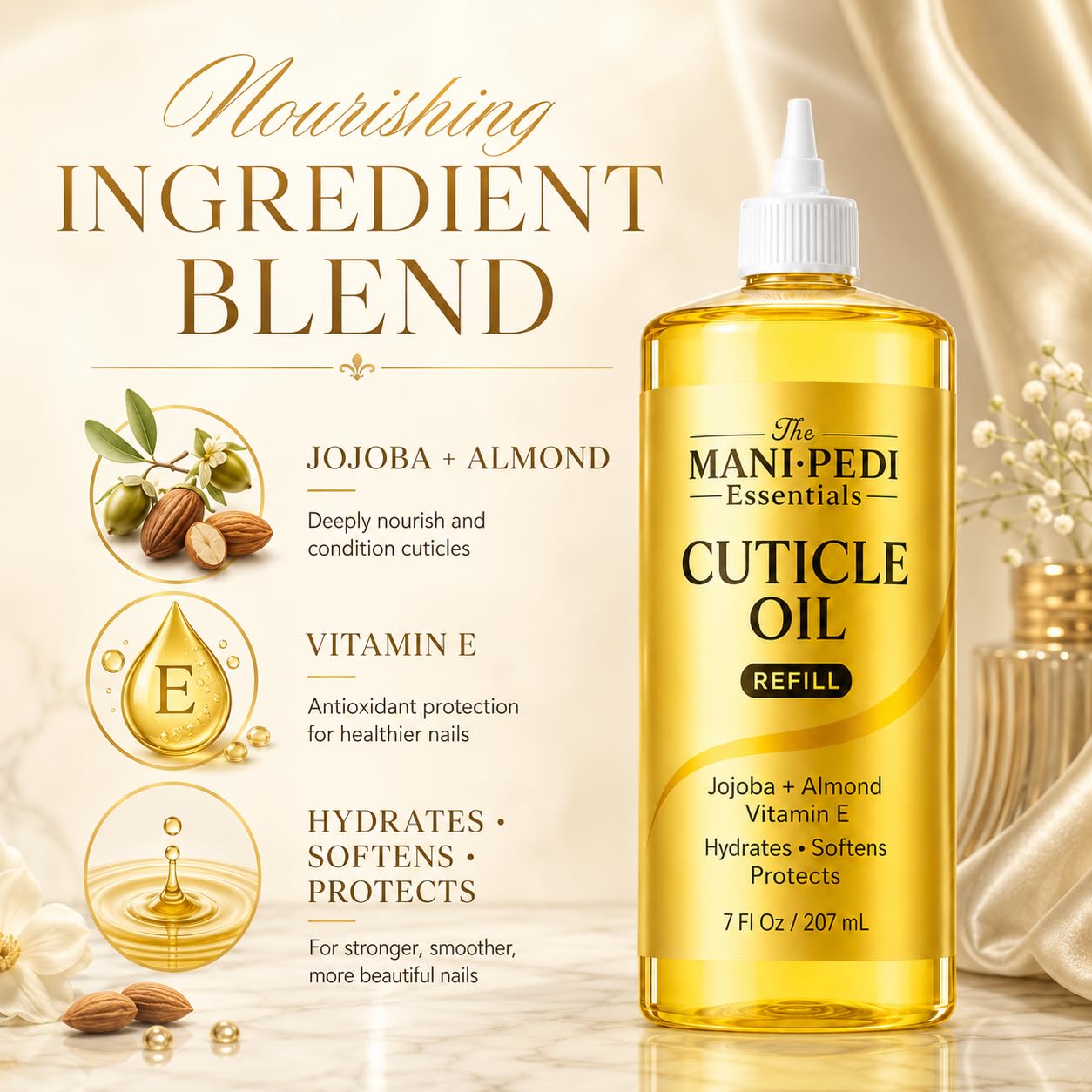 Professional Cuticle Oil Refill/Bulk Pack with precision nozzle for easy refilling - 7 Fl Oz. Enriched with Jojoba Oil, Vitamin E & Sweet Almond Oil. Nail Tech Supplies for Nourished Nails & Cuticles