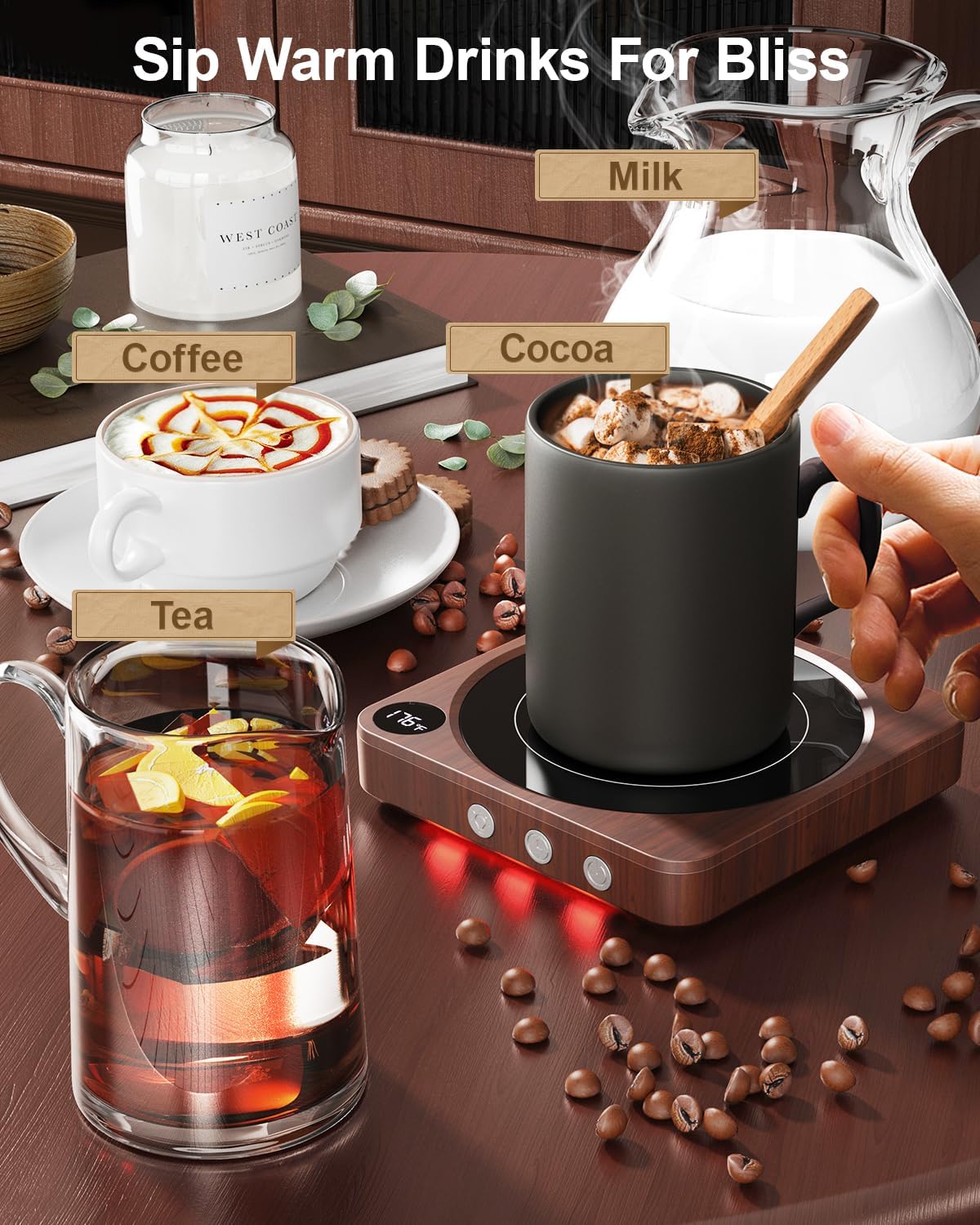 House Gem Mug Warmer - 36W Coffee Mug Warmer for Desk with Temperature Display, 2-12Hrs Auto Shut Off, Smart Candle Warmer - Ideal Coffee Gifts Accessories Keep Beverages Coffee Warmer (Wood) (Wood)
