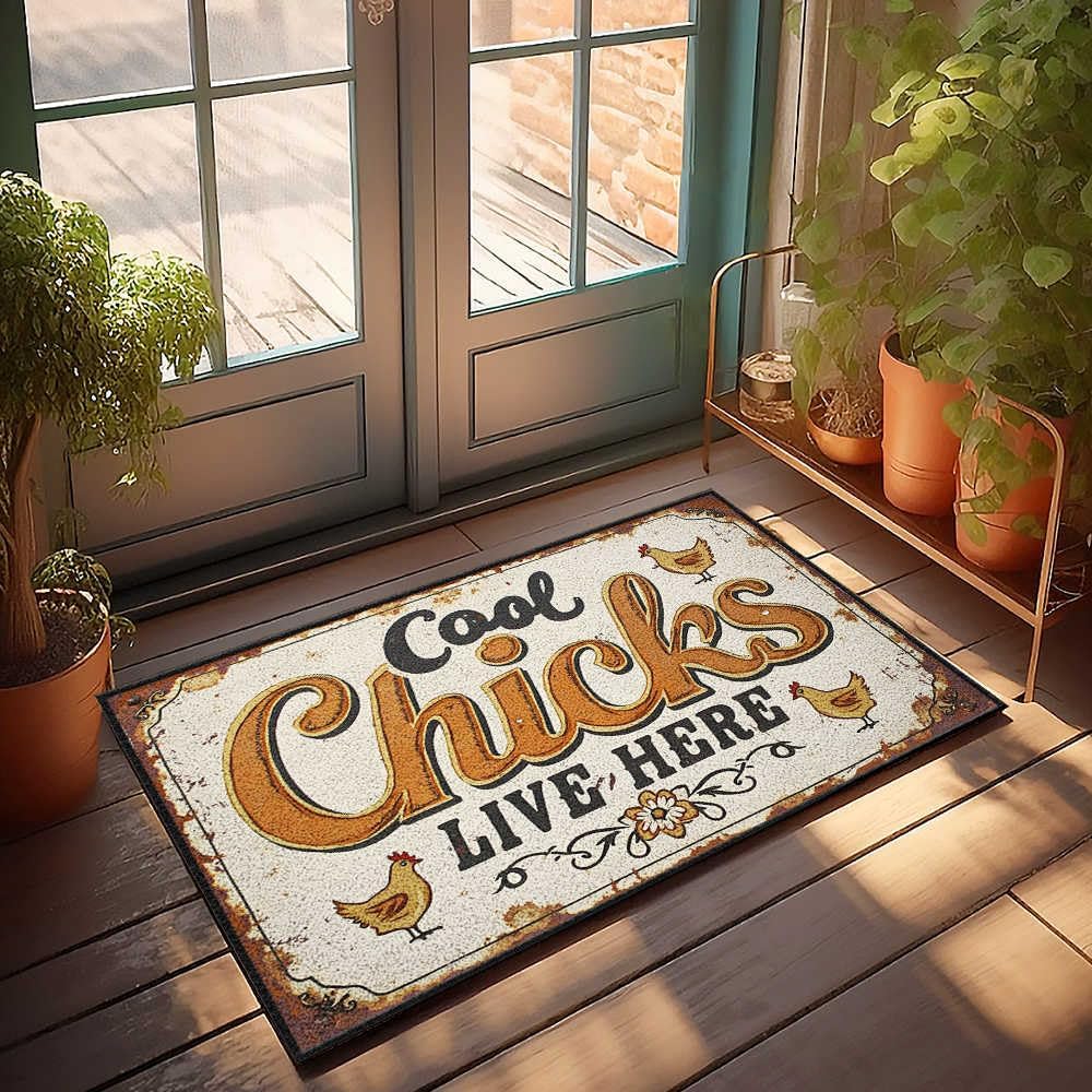 Whimsical Entrance Mat - Area Soft Touch & Foot Warm Feel | Colorful Bath Premium Quality Bubble Bath Mat Tub Spa Massager Rustic Sign: Cool Chicks Live Here with Chicken(40X60CM)