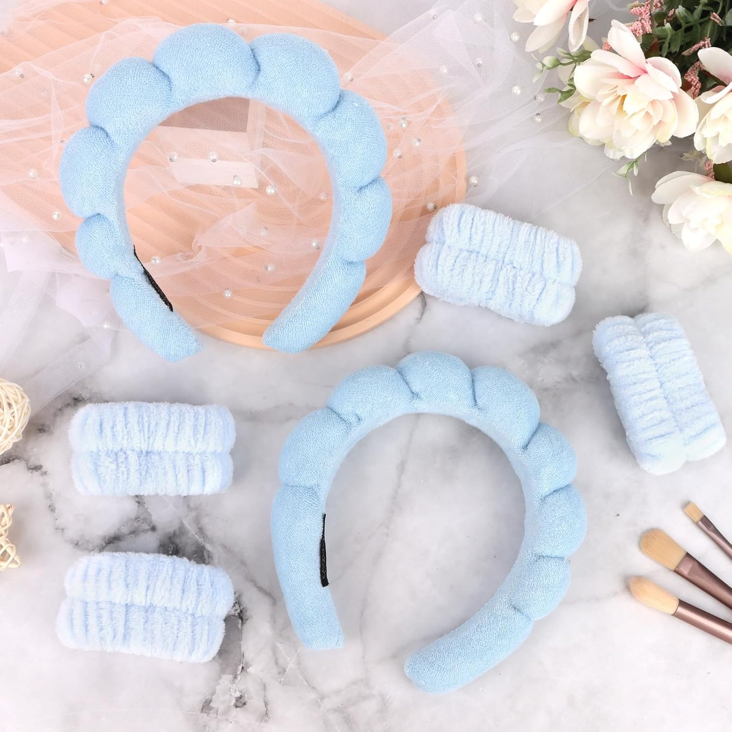 6Pcs Blue Spa Set, Skincare Wrist Washbands, Terry Cloth Headbands for Face Washing