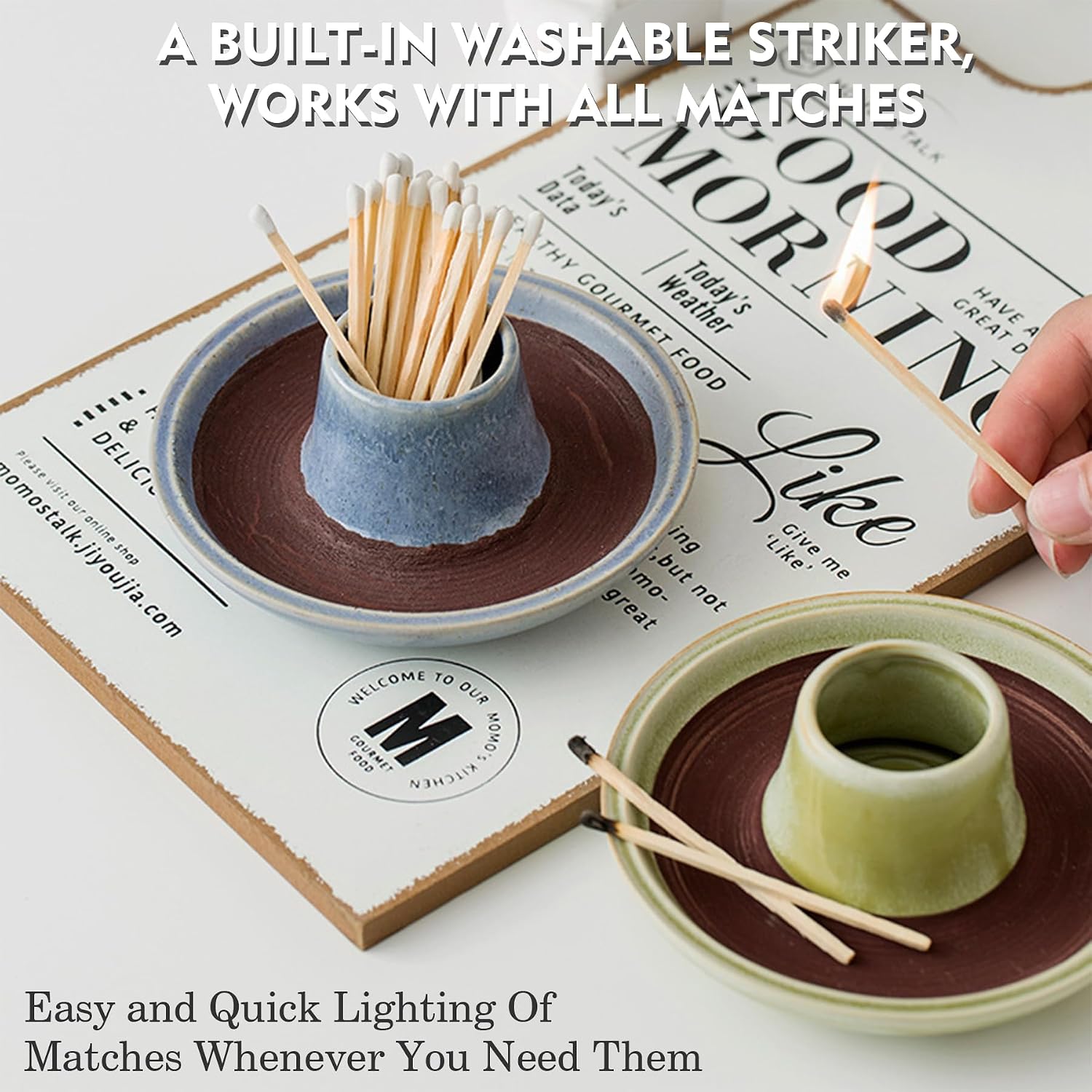 SANDOO Handmade Ceramic Match Holder with Striker - Works with All Matches,Decorative Match Holder,Match Stick Holder,Candle Accessory,Aesthetic Home Decor for Fireplace,Matches not Included,4.7"x1.8"
