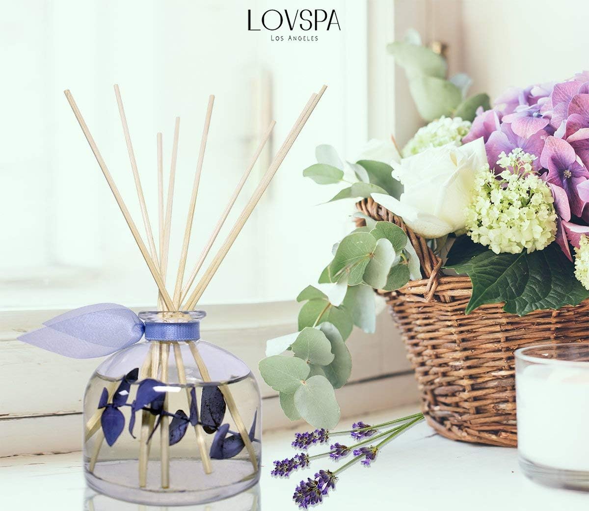 Reed Diffuser Set, DE-Stress Lavender Eucalyptus Scented Oil Diffuser with Sticks, Home Fragrance Accessories for Bathroom Shelf Decor, Aroma Diffusers for Home or Office Desk, USA Made