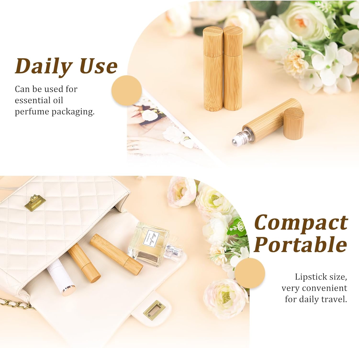 AUHOKY 12Pcs Bamboo Roll on Bottles for Essential Oils, Portable Massage Oil Bottle with Stainless Steel Roller Ball, Reusable Travel Perfumes Sample Lip Gloss Container (1 Opener) (10ML)