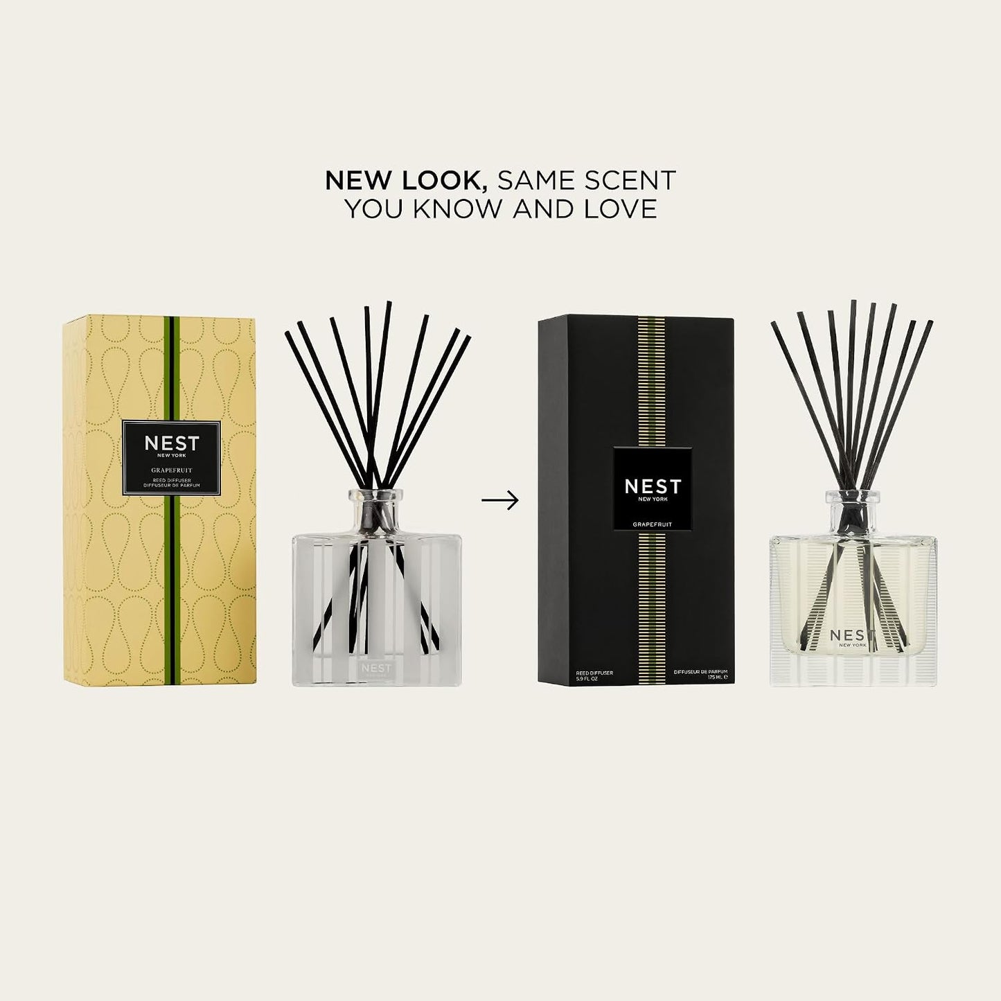 NEST New York Reed Diffuser, Grapefruit - 5.9 fl oz - Fragrance for Up to 90 Days - Reusable, Refillable Glass Holder - Includes 8 All-Natural Reed Sticks - Flame Free