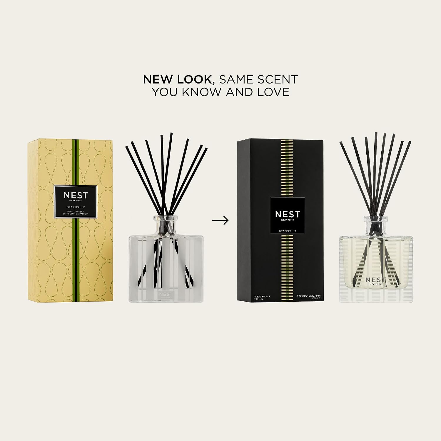 NEST New York Reed Diffuser, Grapefruit - 5.9 fl oz - Fragrance for Up to 90 Days - Reusable, Refillable Glass Holder - Includes 8 All-Natural Reed Sticks - Flame Free