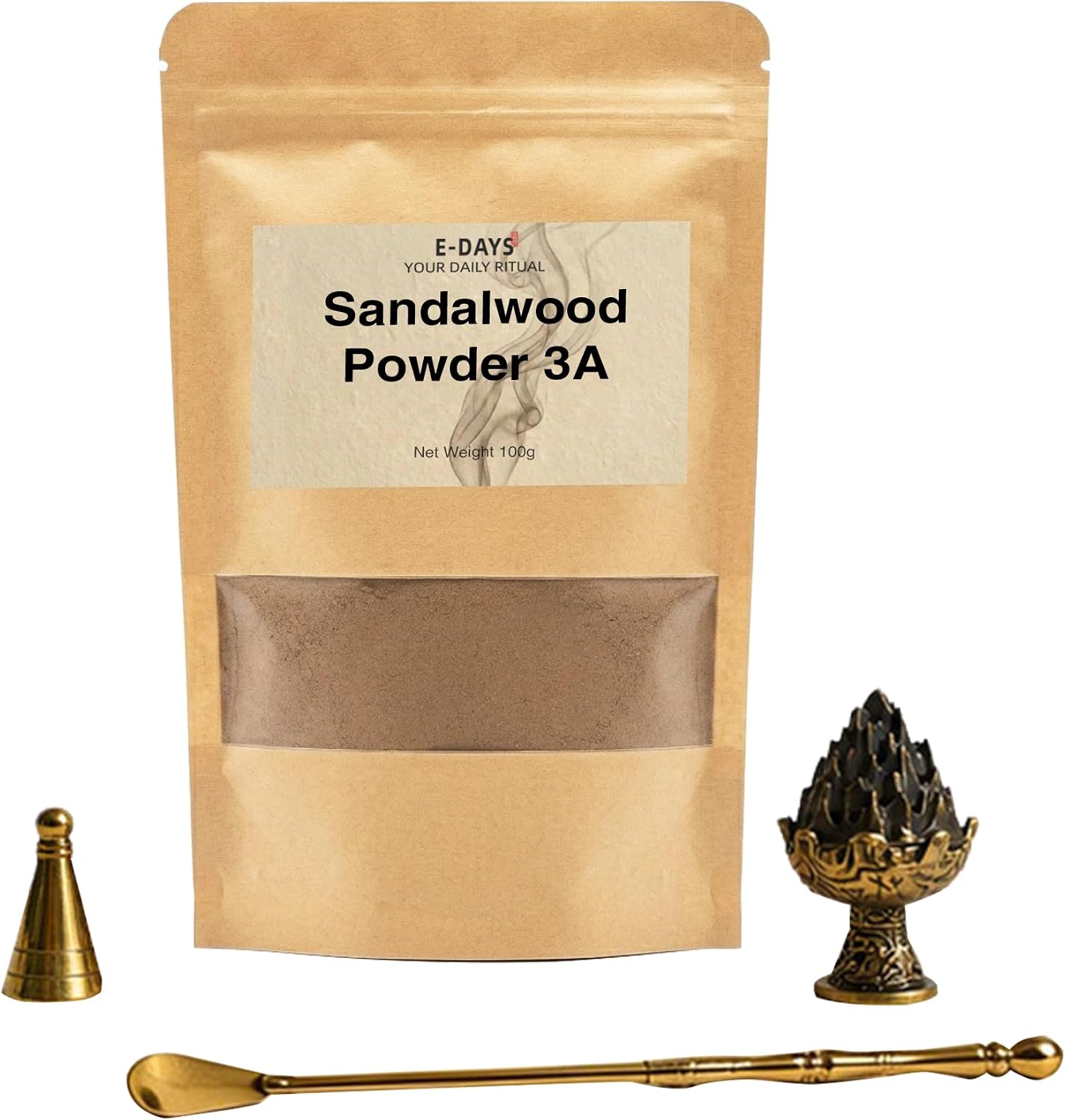 Australian Sandalwood Powder 100g - 3A Grade Natural Incense Powder for DIY Incense Sticks, Cone Making, Aromatherapy - Includes 3-Piece Cone Mold Set (Incense Burner, Mold, Spoon)