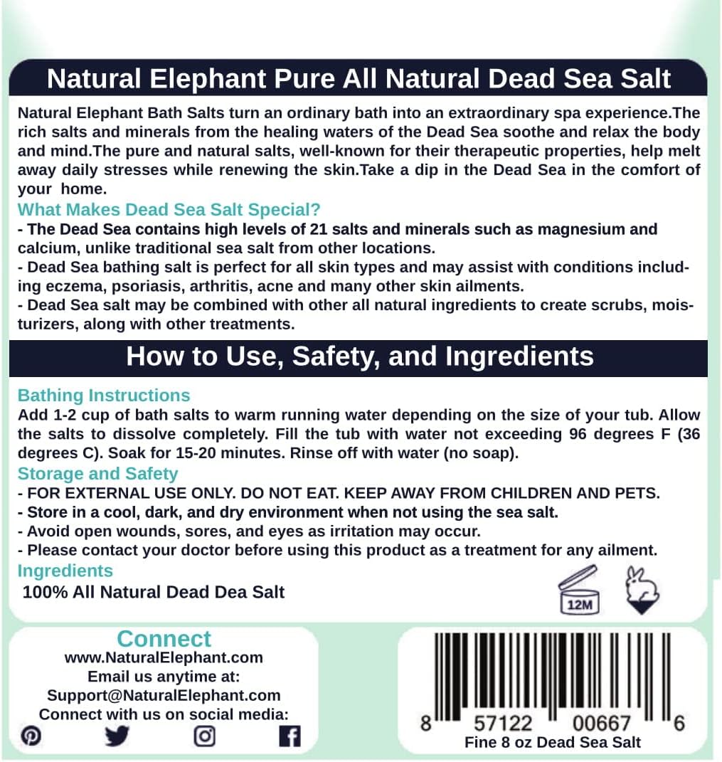 Natural Elephant Dead Sea Bath Salt | 8oz Travel Size | 100% Natural and Pure | Fine Grain | Ideal for Baths and Soaks