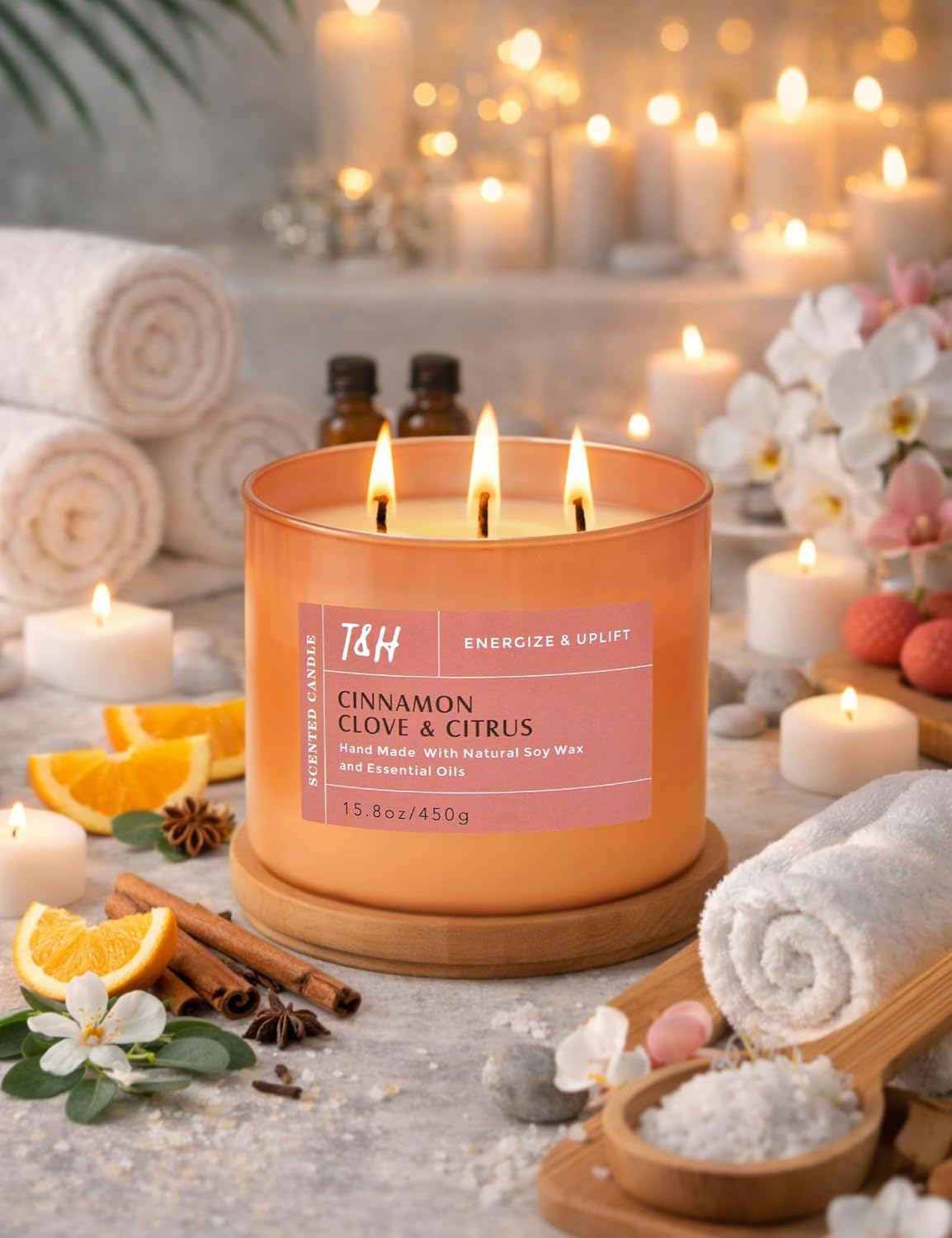 Cinnamon Clove Citrus 3-Wick Soy Candle | 15.8 oz Large Scented Candle for Home | Clean Burn Long Lasting | Spiced Lemon Lime Scent | Gift Ready
