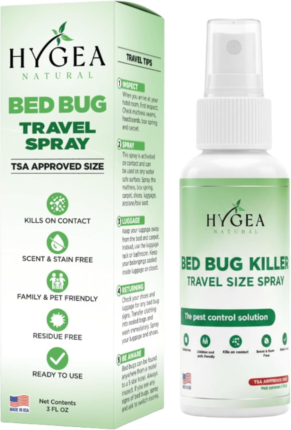 Hygea Natural Lice, Mite, and Bed Bug Killer Travel Spray - TSA Approved Size – Child & Pet Friendly – Immediate Results – Stain & Odor Free, for Hotels, Suitcase, Backpack, Shoes, Bed Bug Spray(3oz)